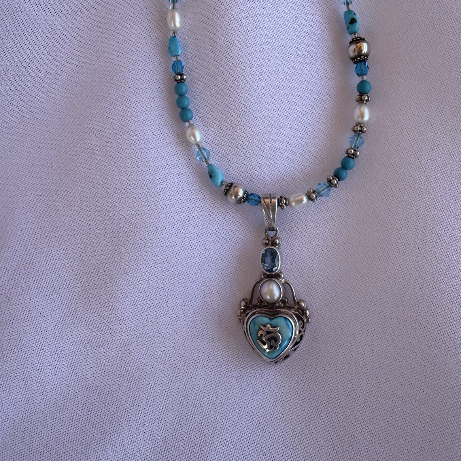 Vintage Signed By Shankari Silver 925 Necklace With Pearl And Aquamarine Stone