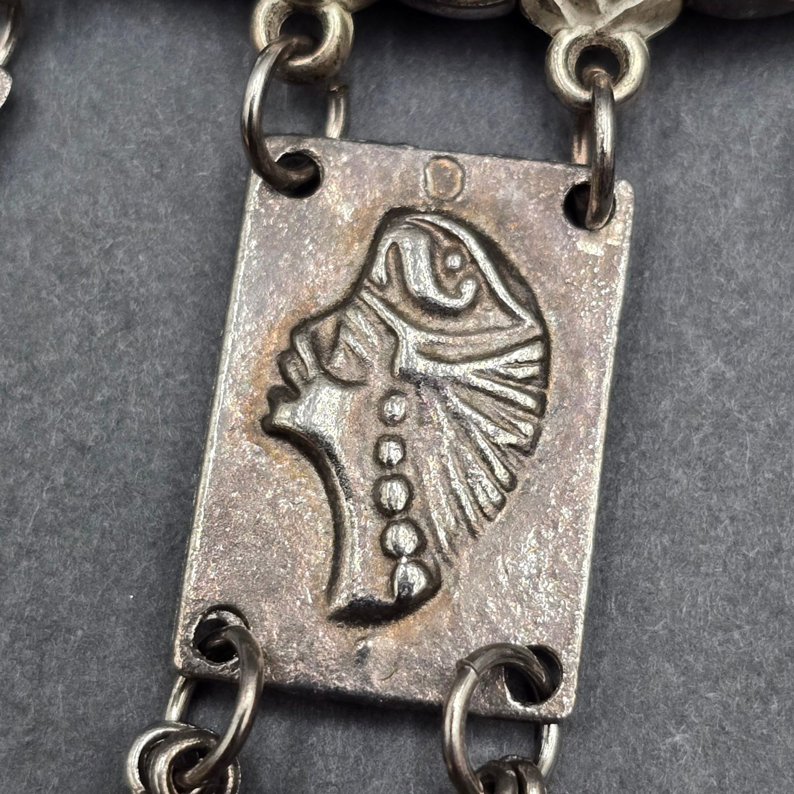 Vintage Tribal Panel Fringe Necklace Silver Tone Leather Cord Boho Statement