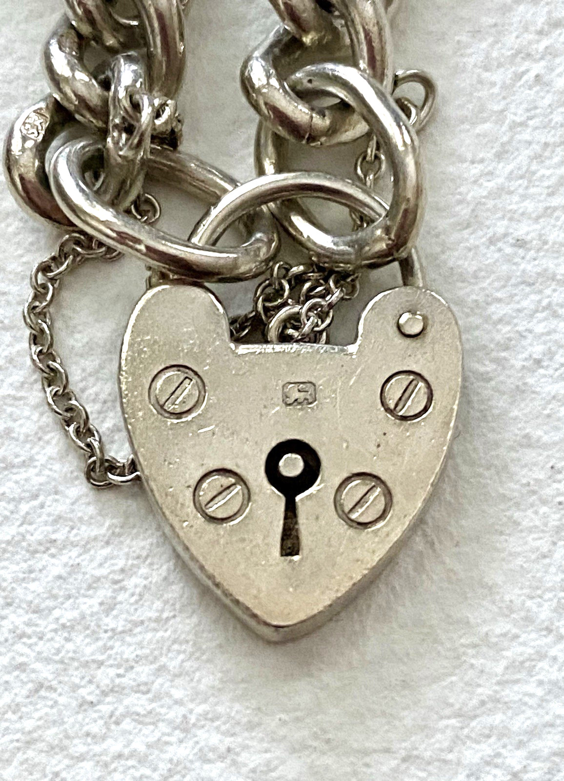 Antique England Sterling Silver Charm Bracelet Heart Lock