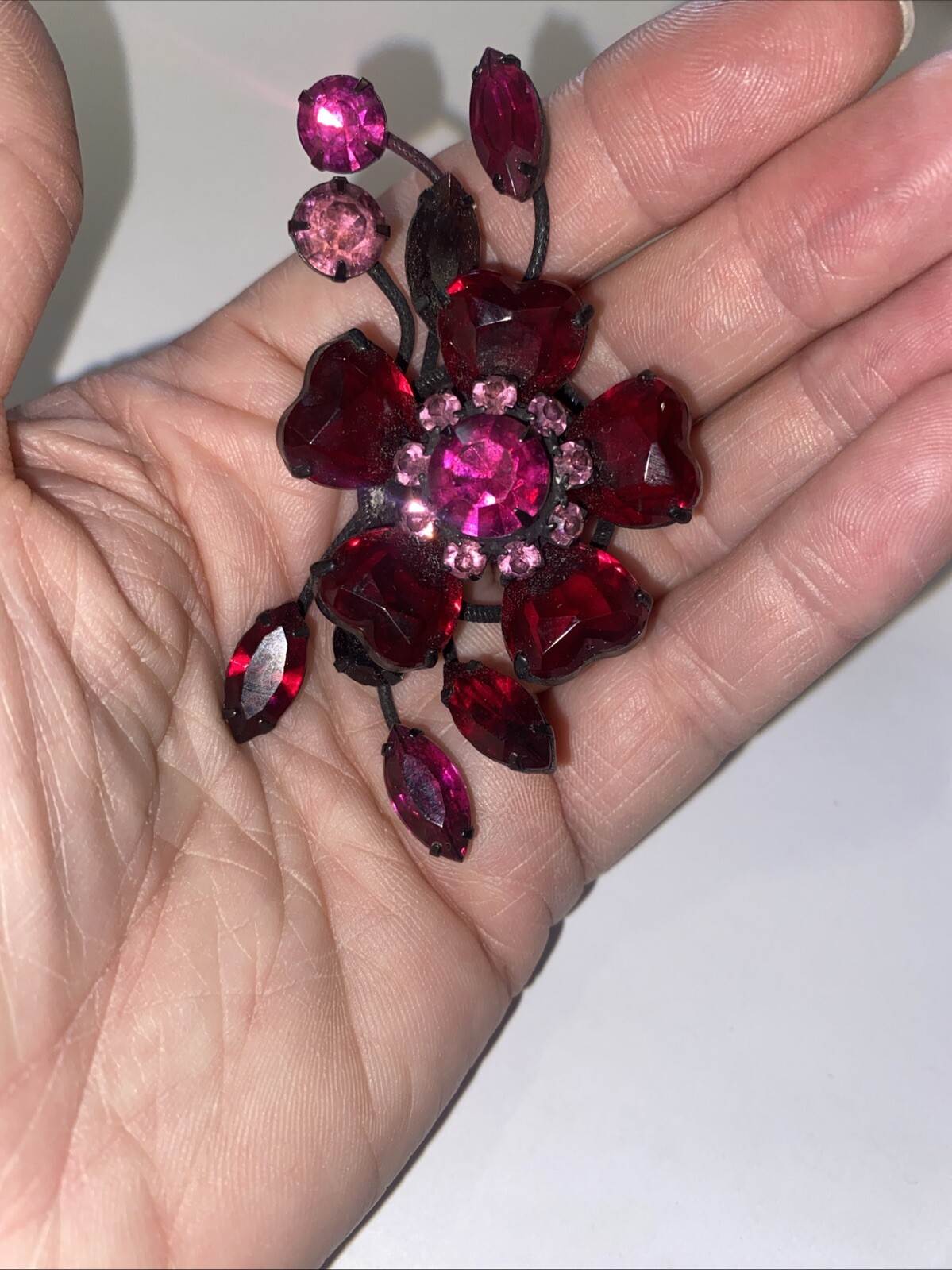 Vintage Unsigned SCHREINER Julian Pink & Fuchsia Flower Red Hearts Pin Brooch