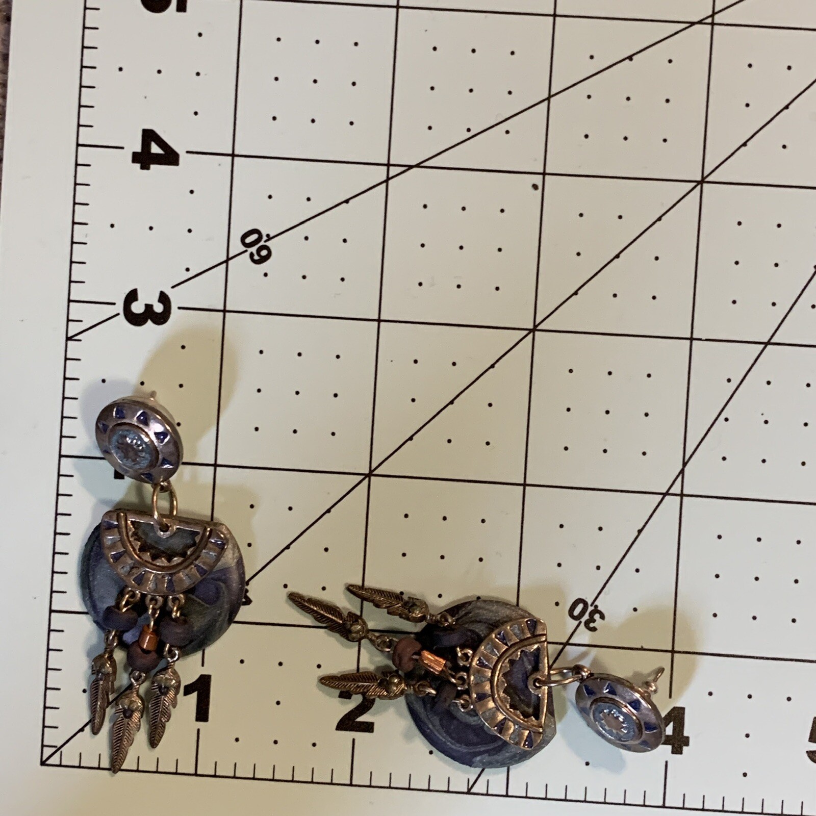 Vintage Edgar Berebi Blue Earrings South Western Theme Dangling Feathers Enamel
