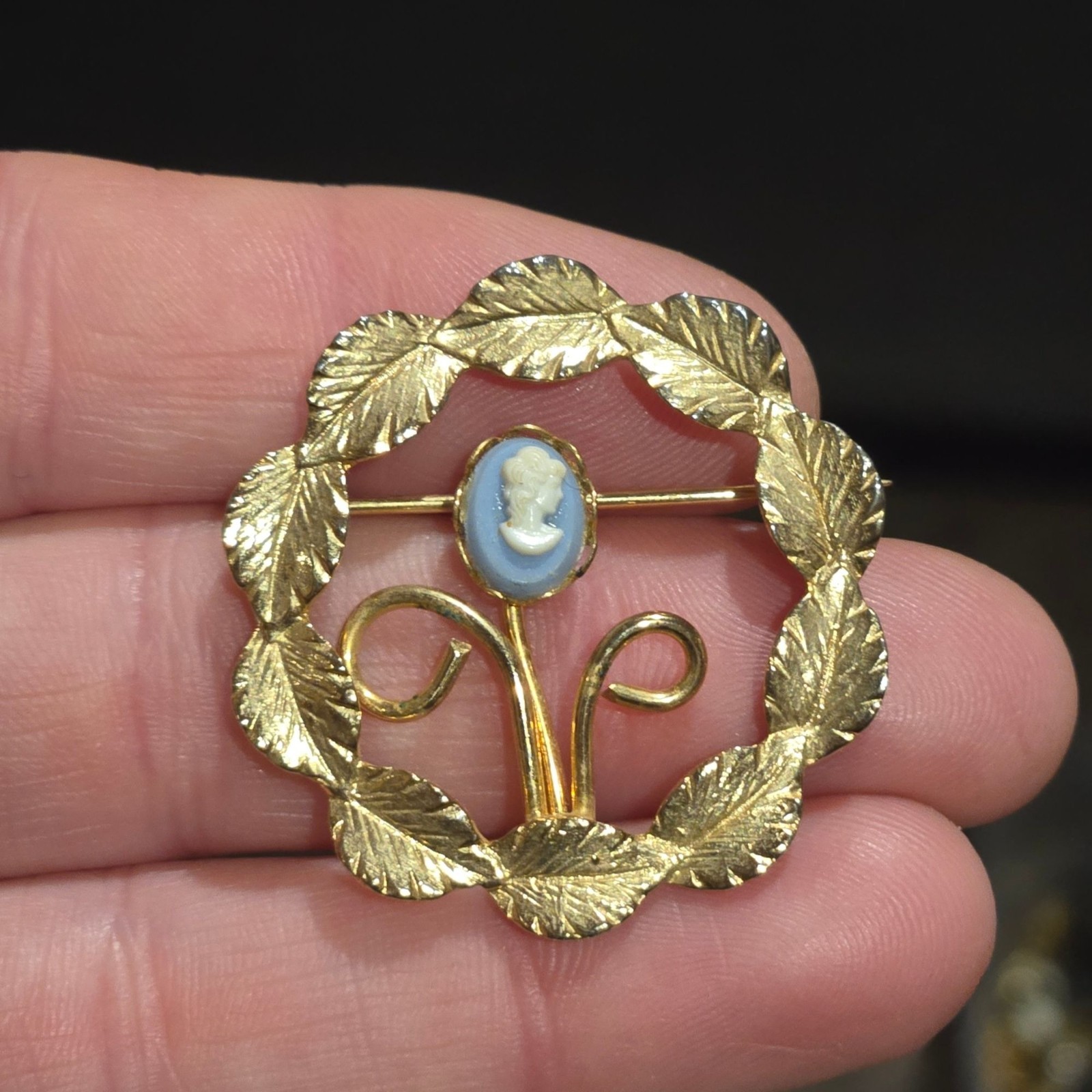 Vintage Cameo Wreath Brooch Leaf Frame Blue White Cameo Pin Victorian Revival