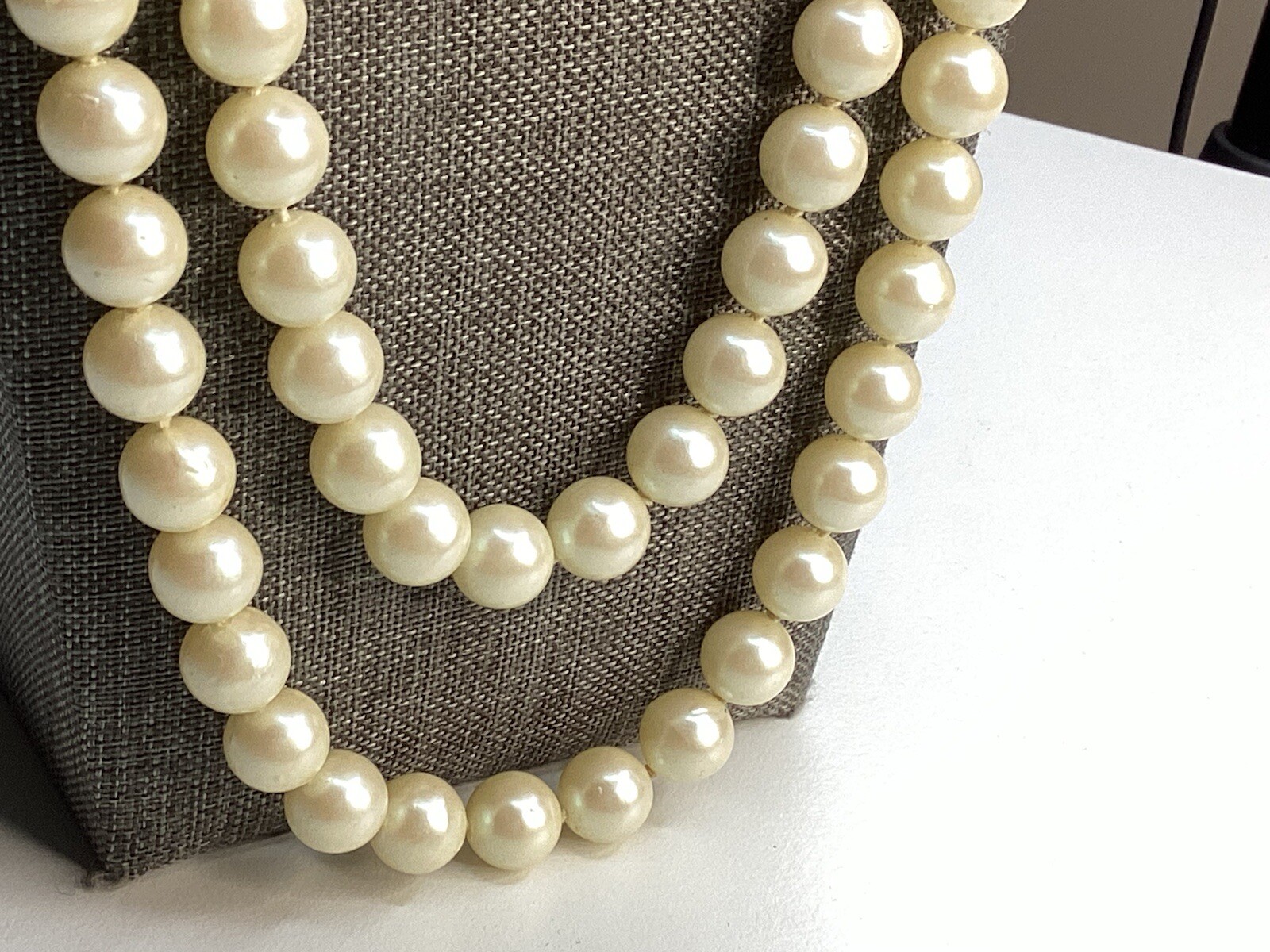 Vtg Classic Hand Knotted Faux 1cm Pearls Long Necklace 50″ Flapper Style