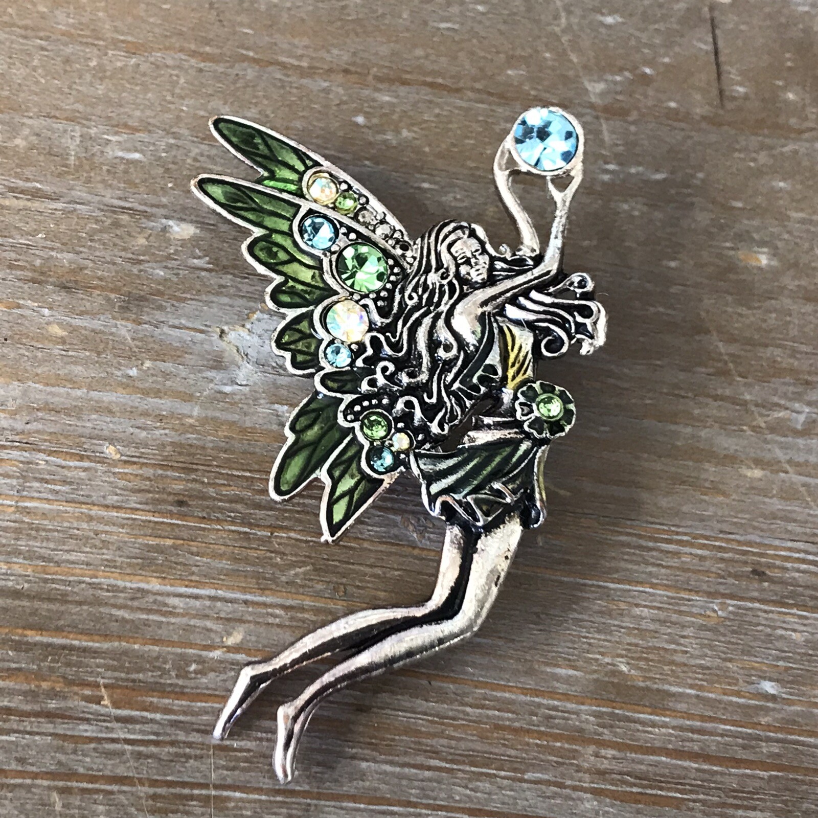 Silver Tone Enamel And Rhinestone Beautiful Fairy Brooch Whimsical Fairycore
