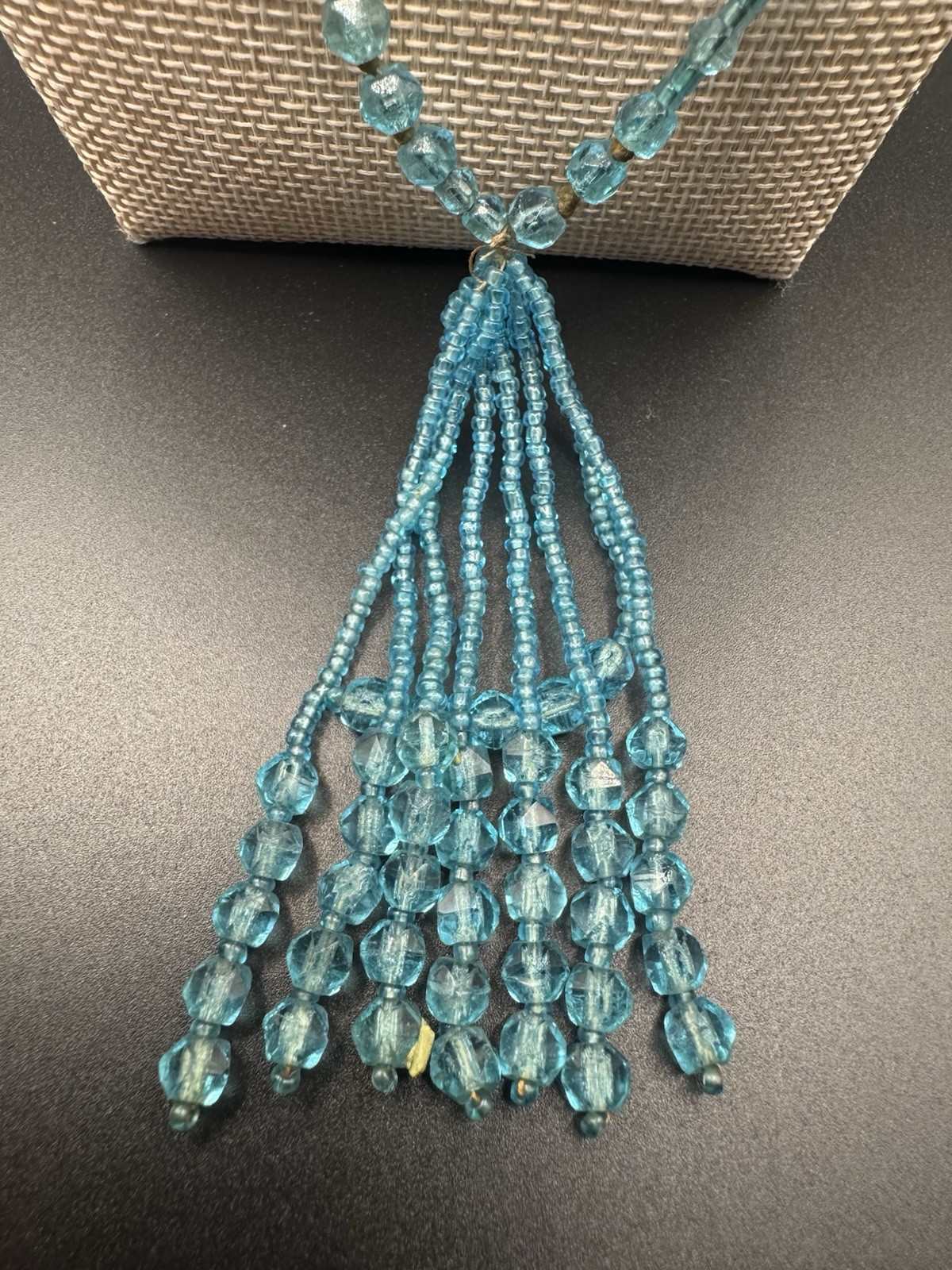 VTG Venetian Glass Wedding Cake & Blue Glass Beads Tassel Hand Knot Necklace 32″