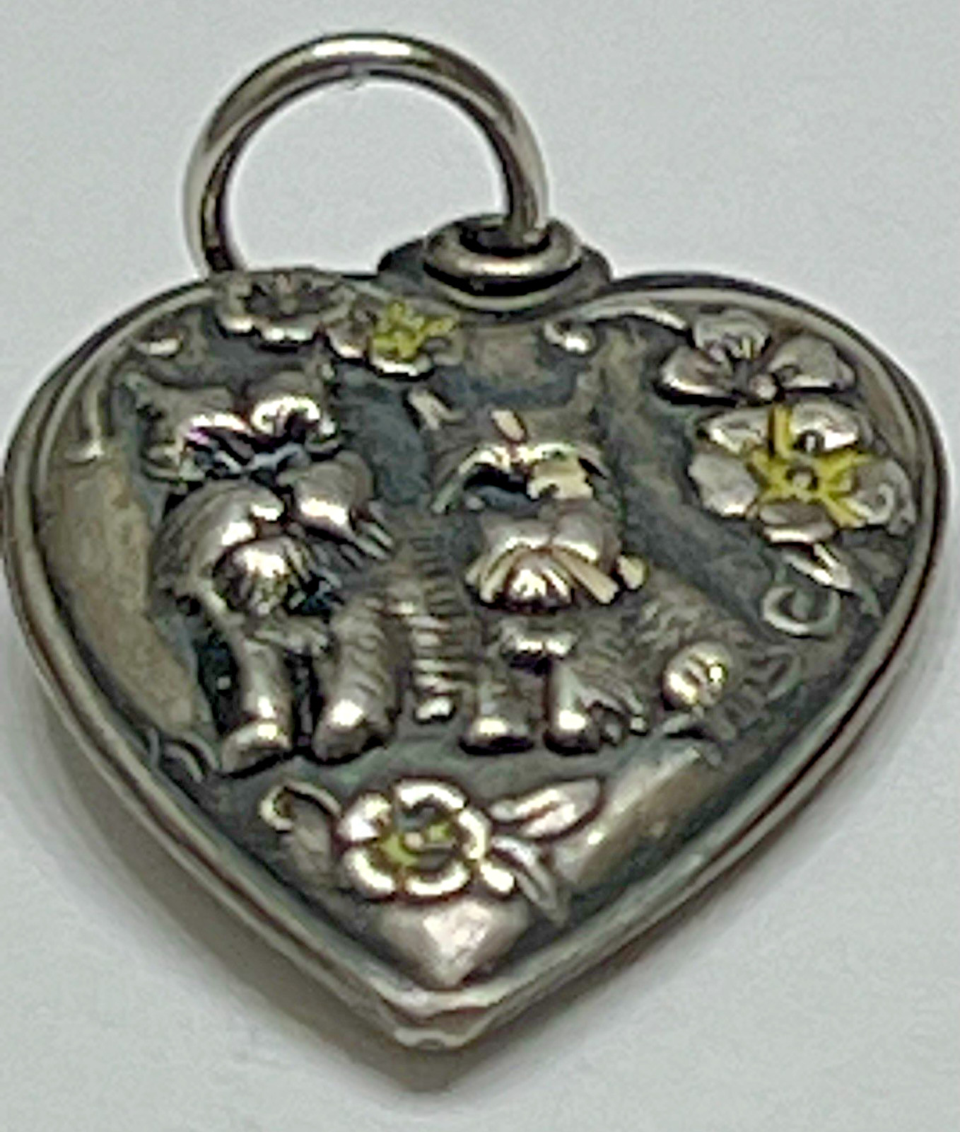 Sterling Silver Dog Heart Charm Pendant Vintage Antique Puffy Scottie Dogs 925