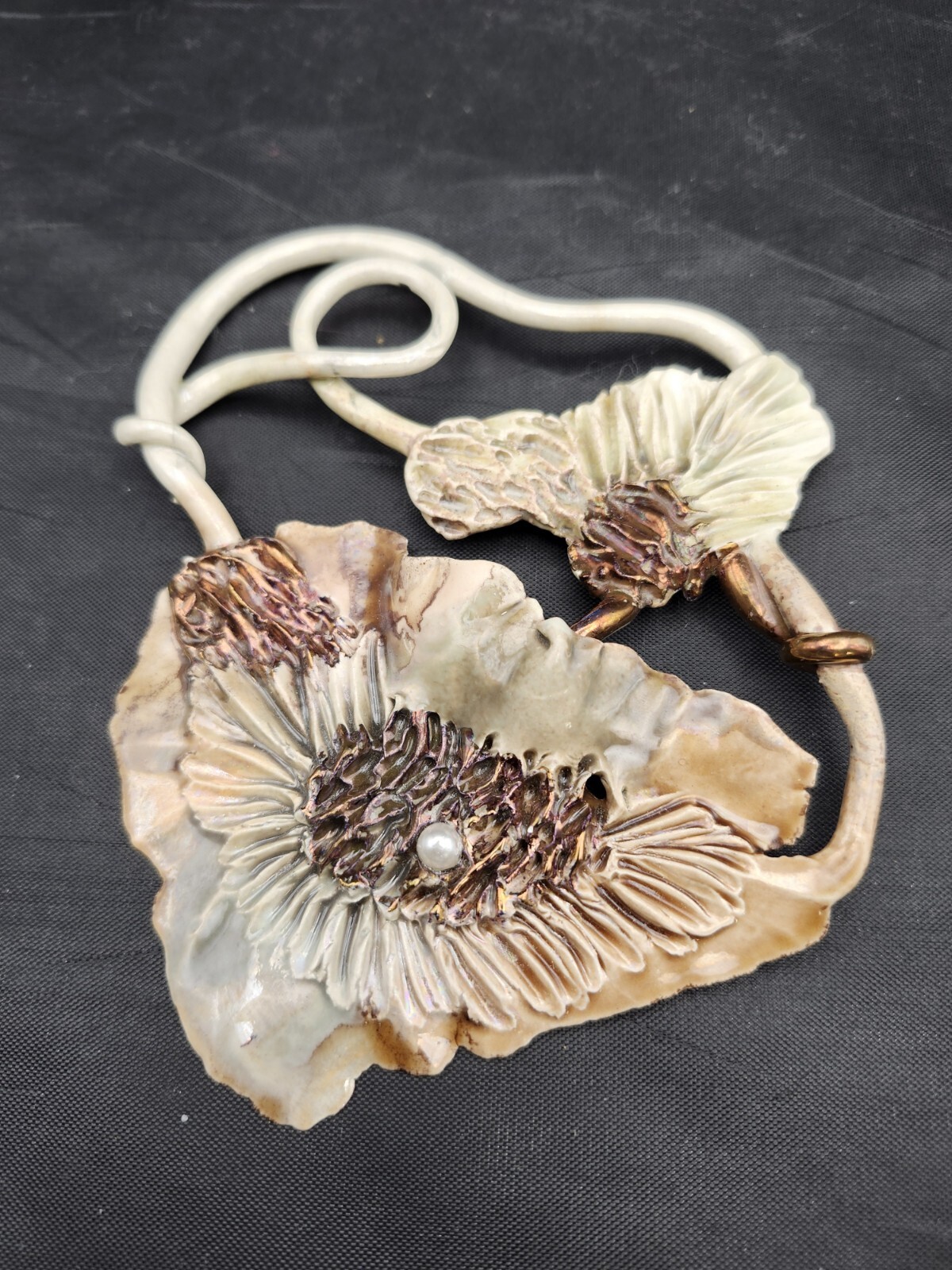 Vtg Art Pottery Pin Brooch / Necklace Earthtones & Bronze Artist Signed Raku?