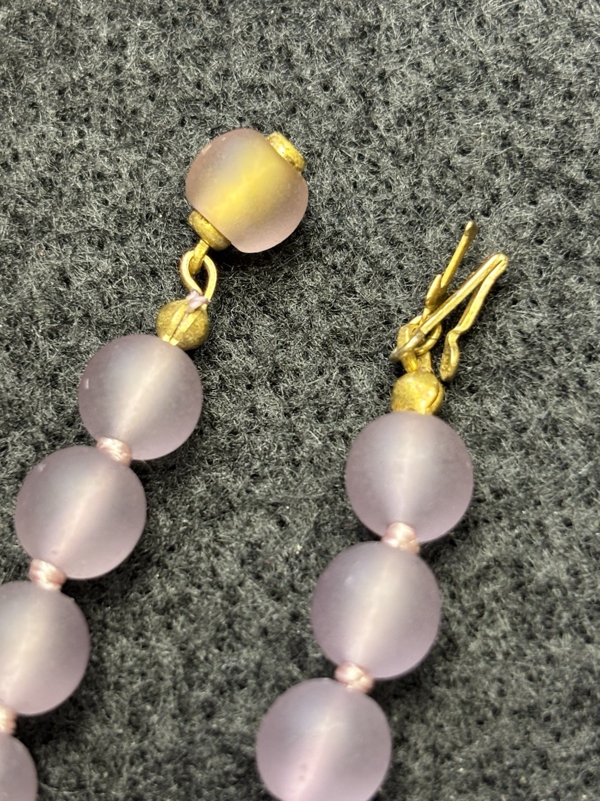 Vintage Lilac Beaded Necklace Gold Tone Push Beaded Clasp & Cross Hand Knotted