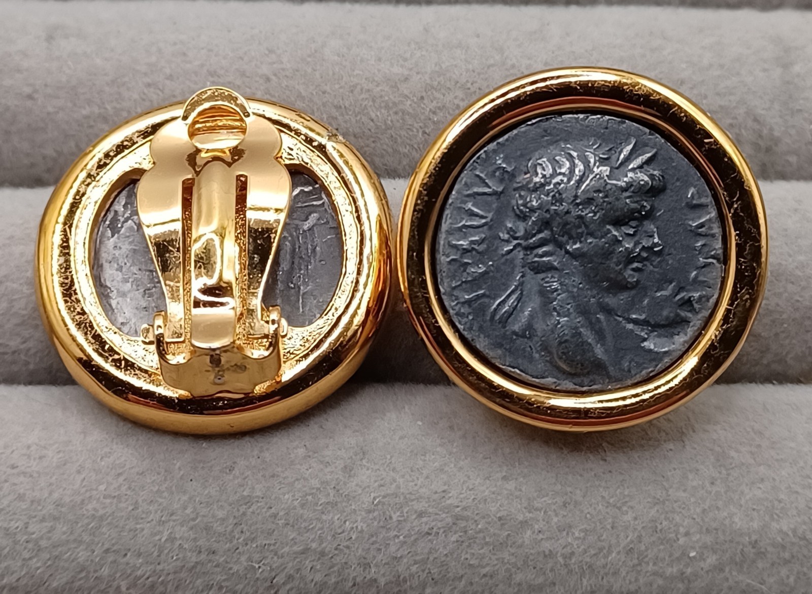 Carolee Roman Coin Clip-On Earrings Gold & Pewter Tone Etruscan Style Vintage