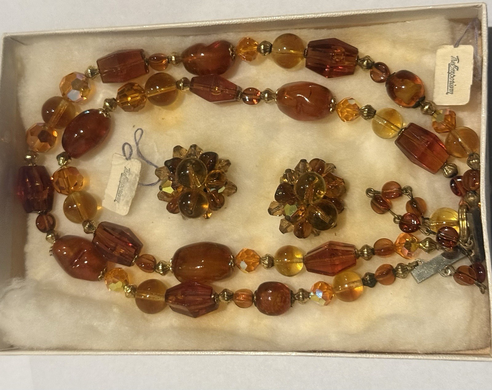 Stunning 1960s The Emporium Multi-Strand Amber Bead Statement Necklace & Earring
