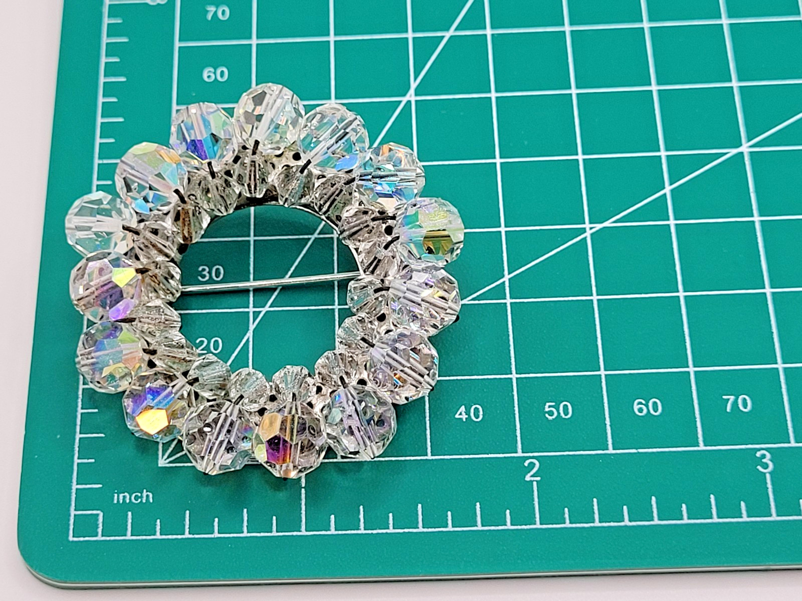 Sparkling Vintage Brooch Aurora Borealis Oval Beaded Glass Rhinestone 1950s