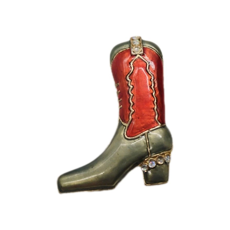 Western Boot Brooch Cowgirl Cowboy Rodeo Pin Enamel Red Grey Gold Tone 1.75 in