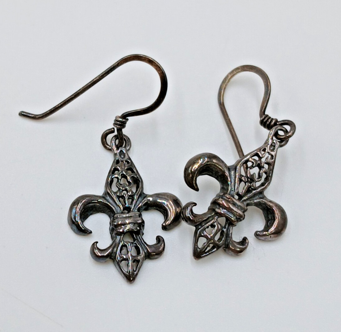 VTG 925 Fleur De Lis Dangle Earrings 1.5in Drop Sterling Silver 2g Estate