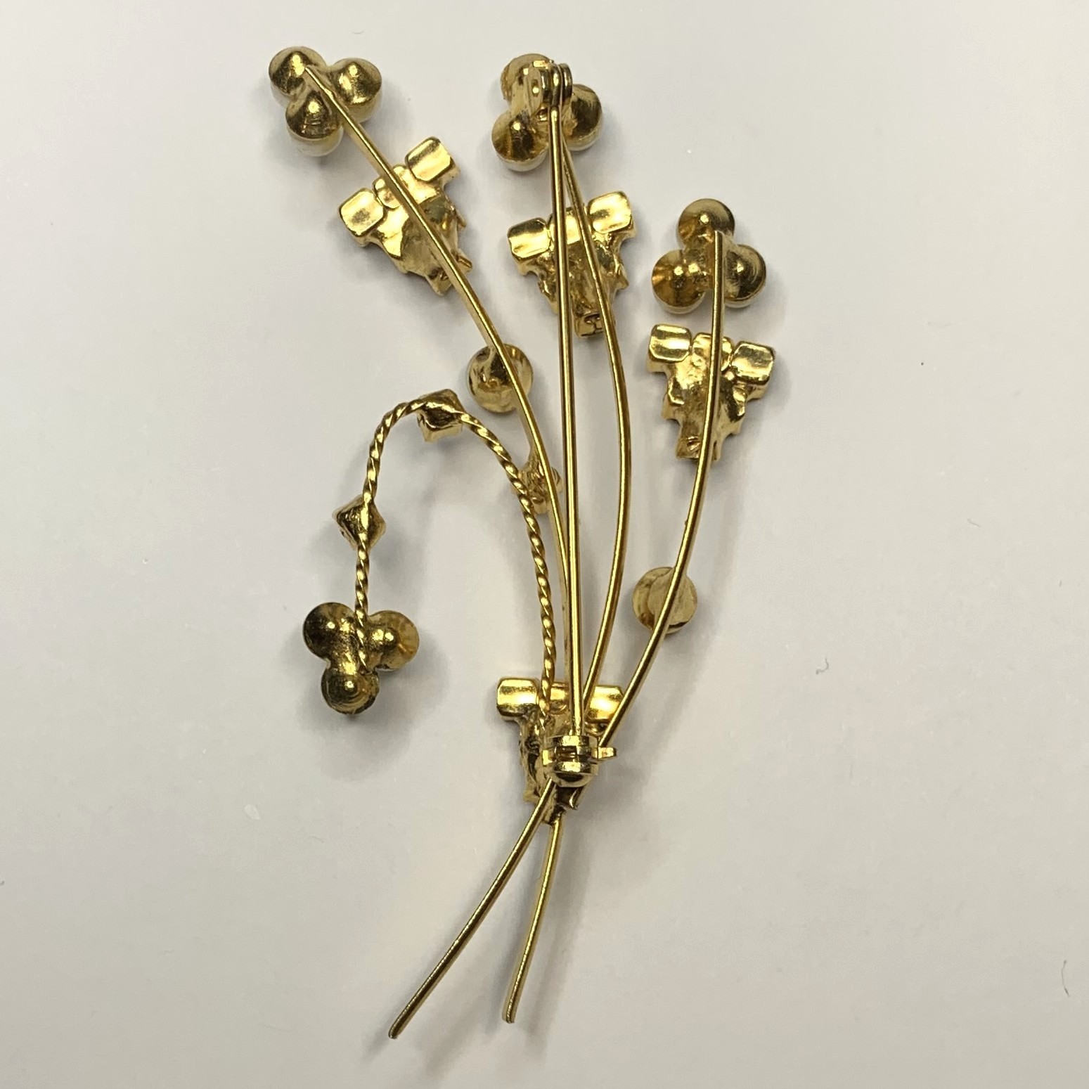Vintage Blue & Green Rhinestone Faux Pearl Flower Bouquet Brooch Gold Tone