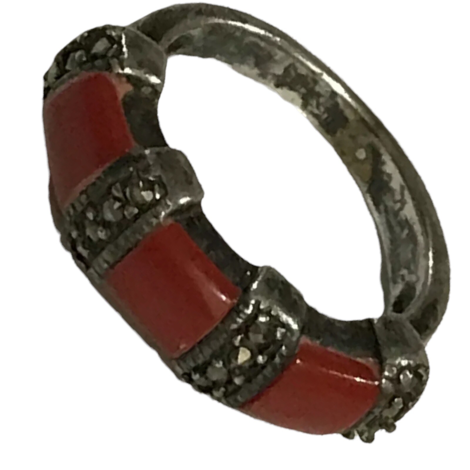 Beautiful VINTAGE 925 STERLING SILVER CORAL & MARCASITE Ring SIZE 6.75. 10/18