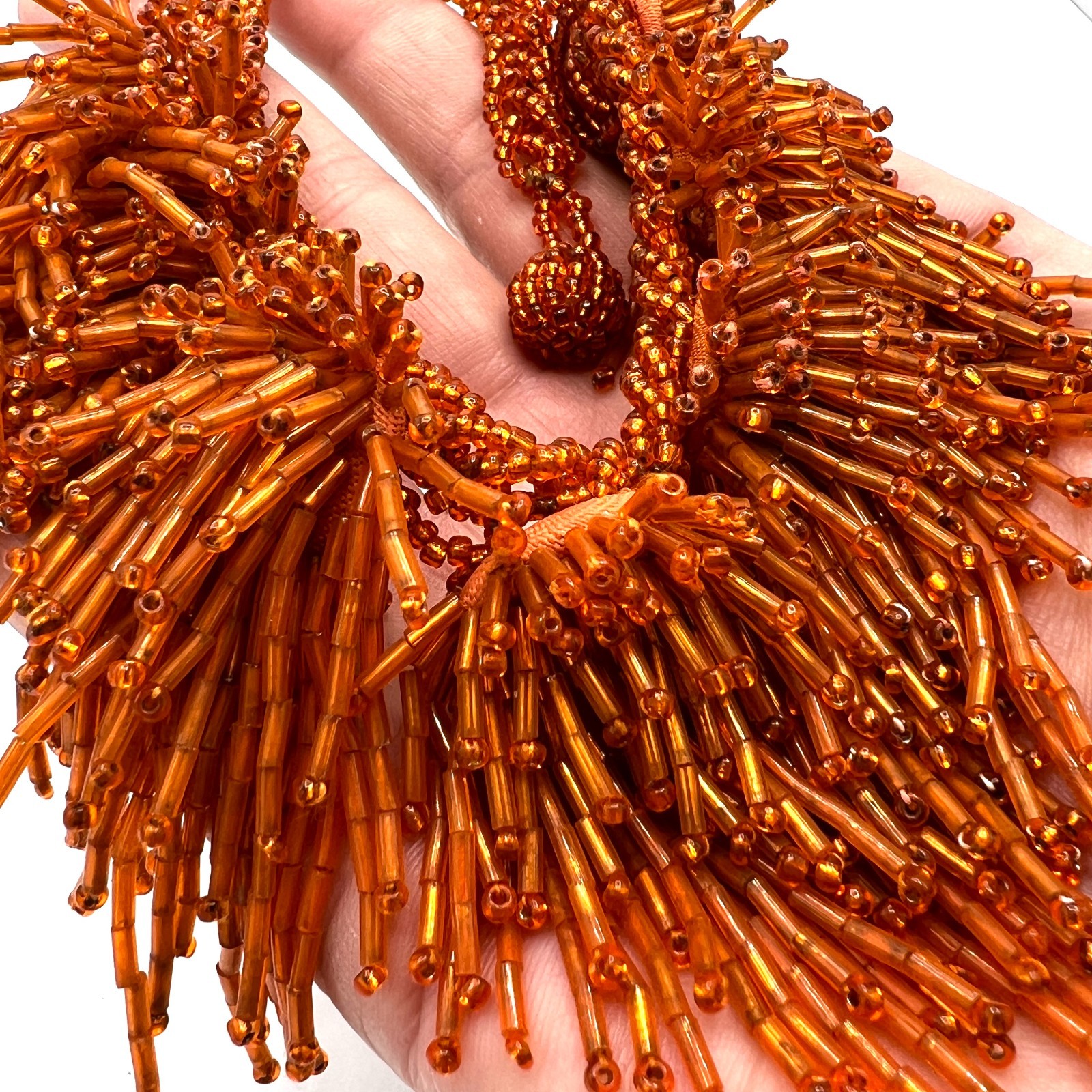 Vintage Orange Glass Beaded Fringe Necklace – Pom Pom Bib Statement Necklace