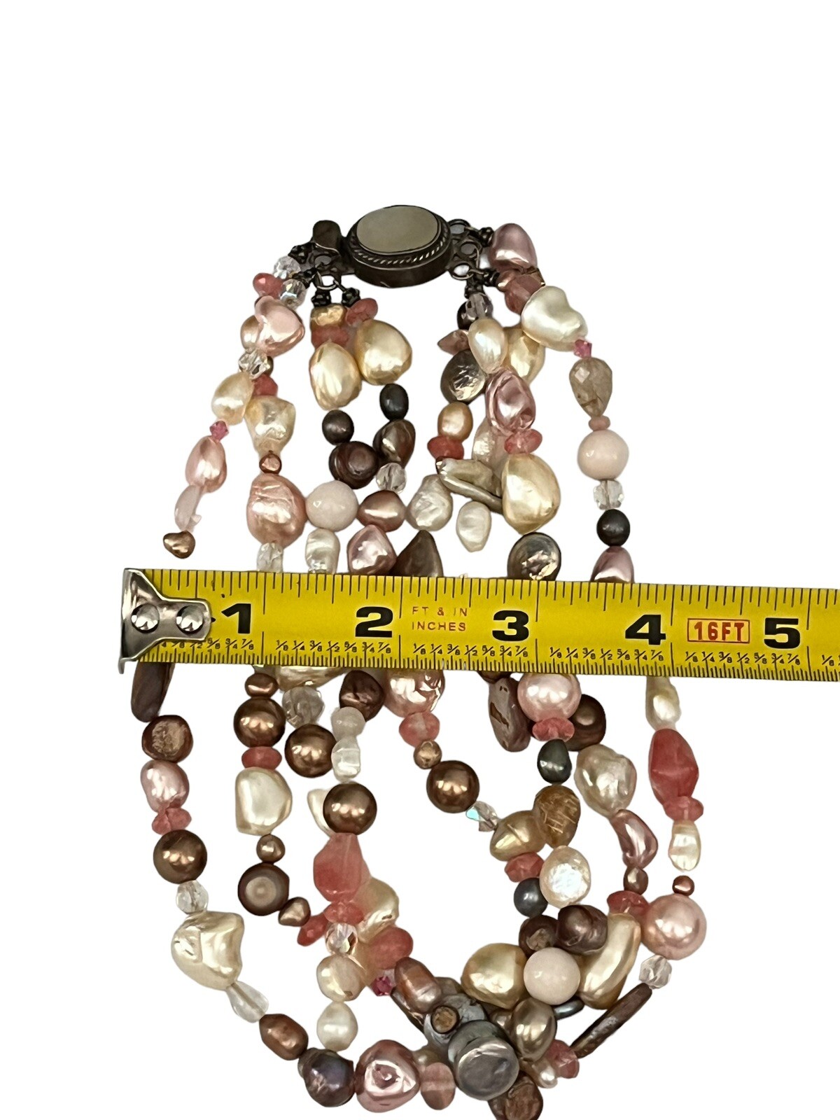 Vintage Faux Pearl Necklace 3 Strands Box Tab Clasp Made In India Pink Choker