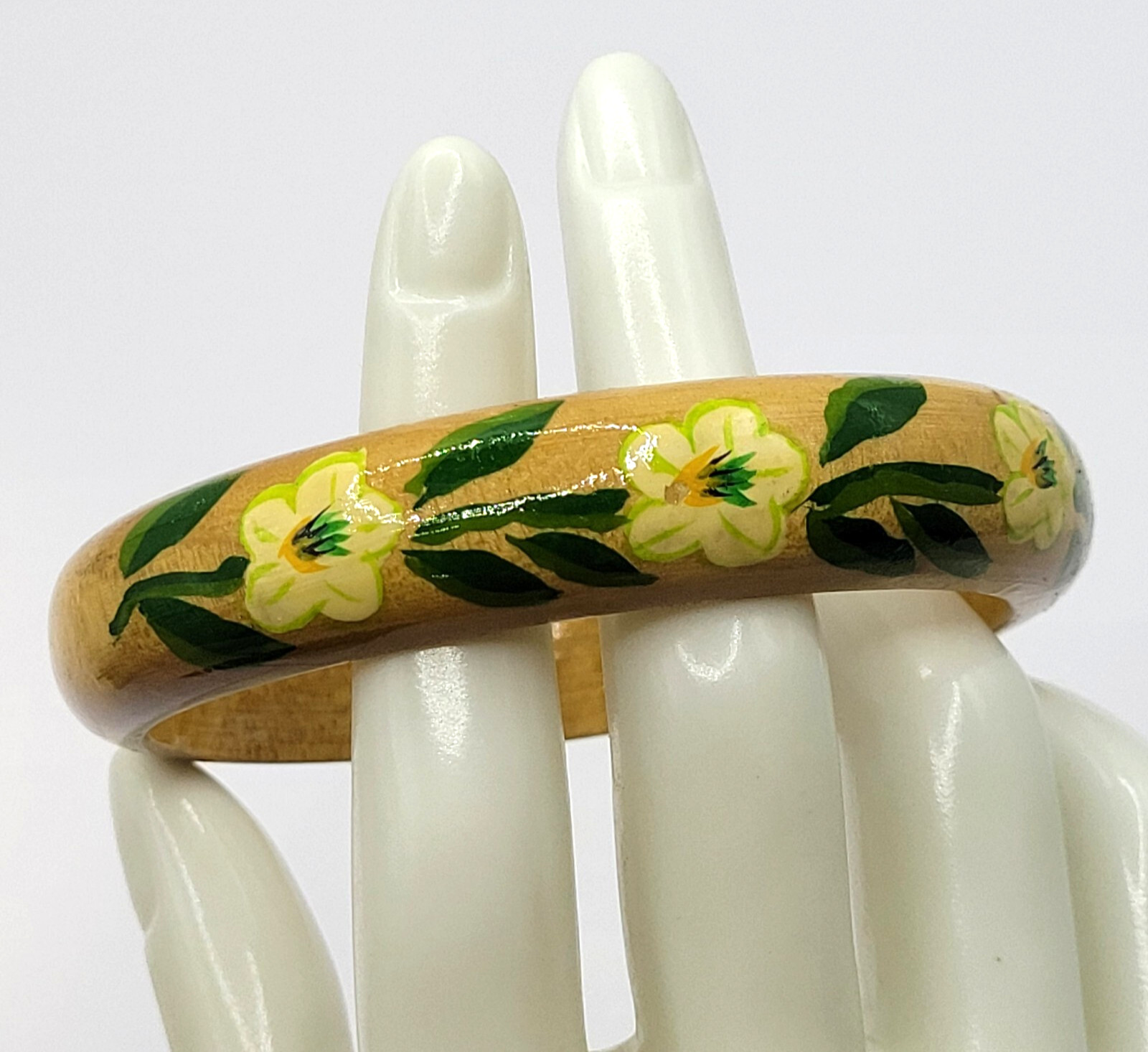 Wood Bangle Hand Painted Cream Flowers Green Leaves Lacquered Bangle Bracelet