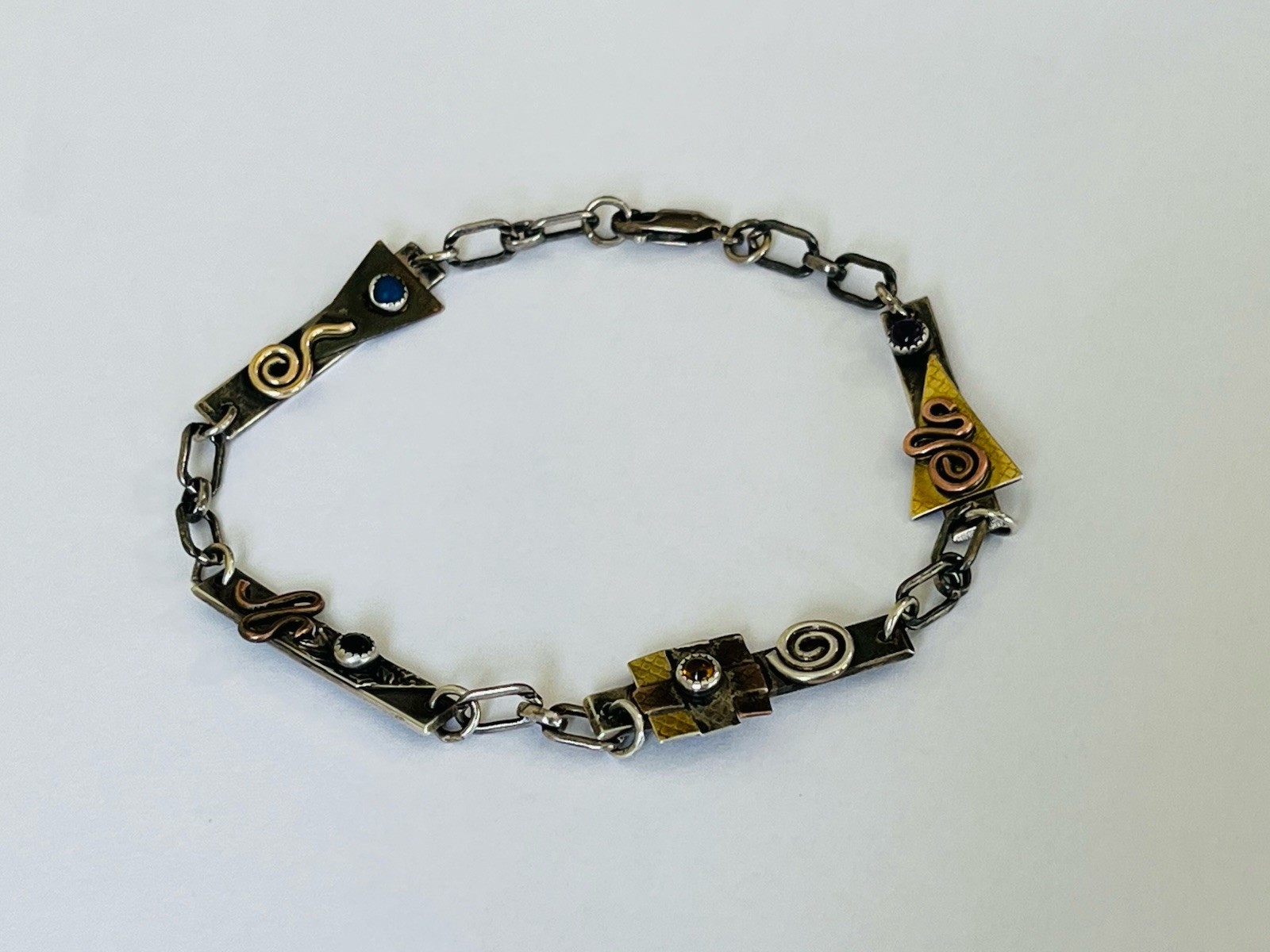 Vintage Signed MA Modernist Mixed Metal Sterling Silver Stone Link Bracelet