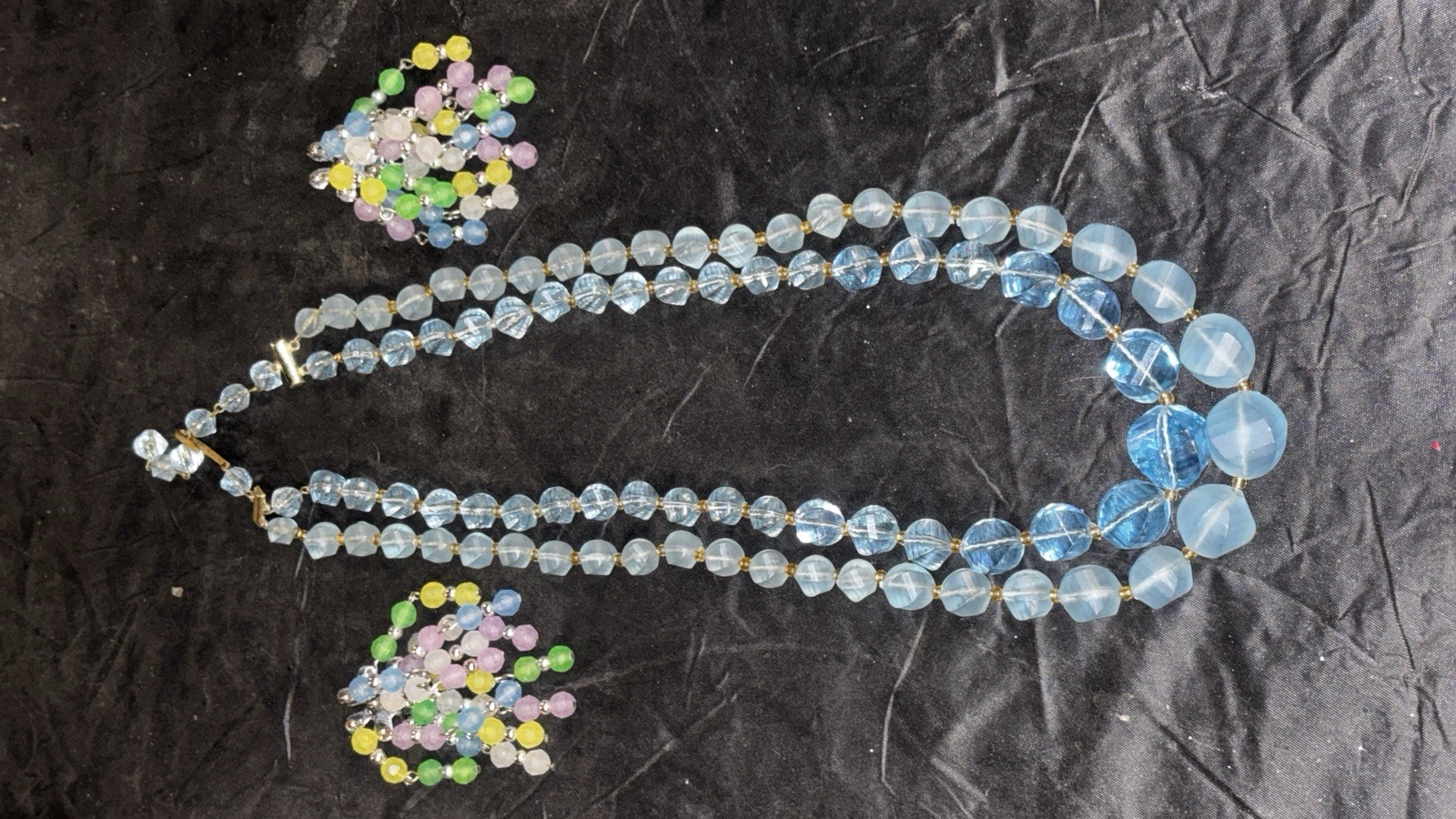 Vtg West Germany Blue Glass Bead Necklace And Multi Colored Clip On Earrings Set