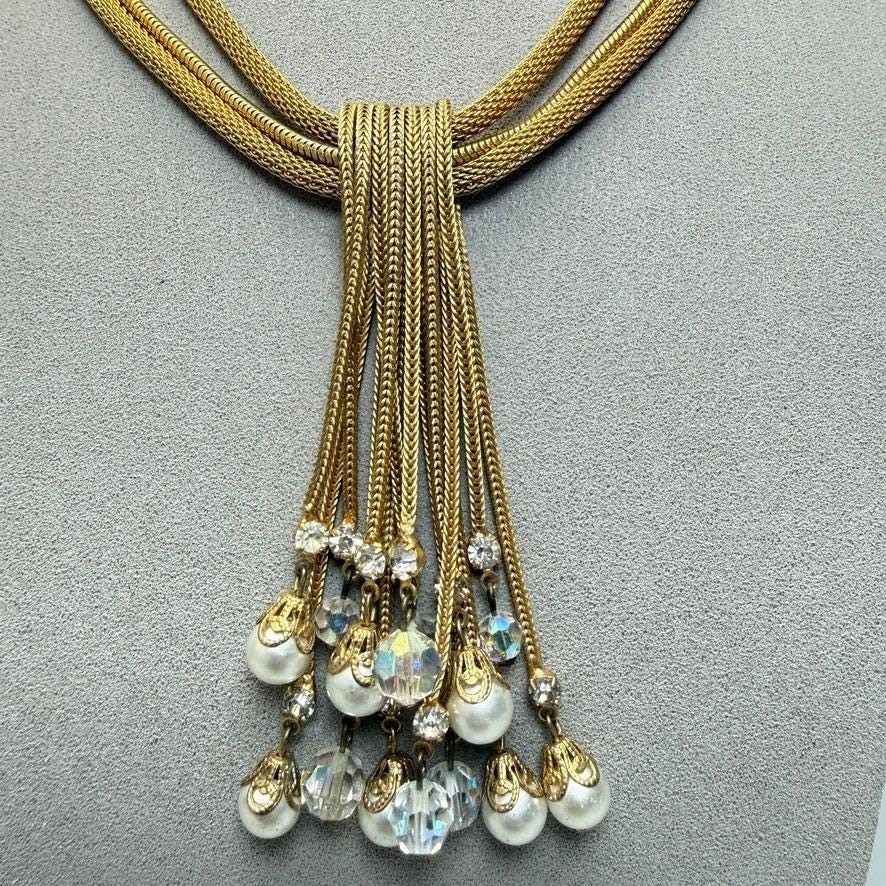 Vintage Gold Tone Mesh Chain Necklace Tassel Crystals 17″ Statement Adjustable