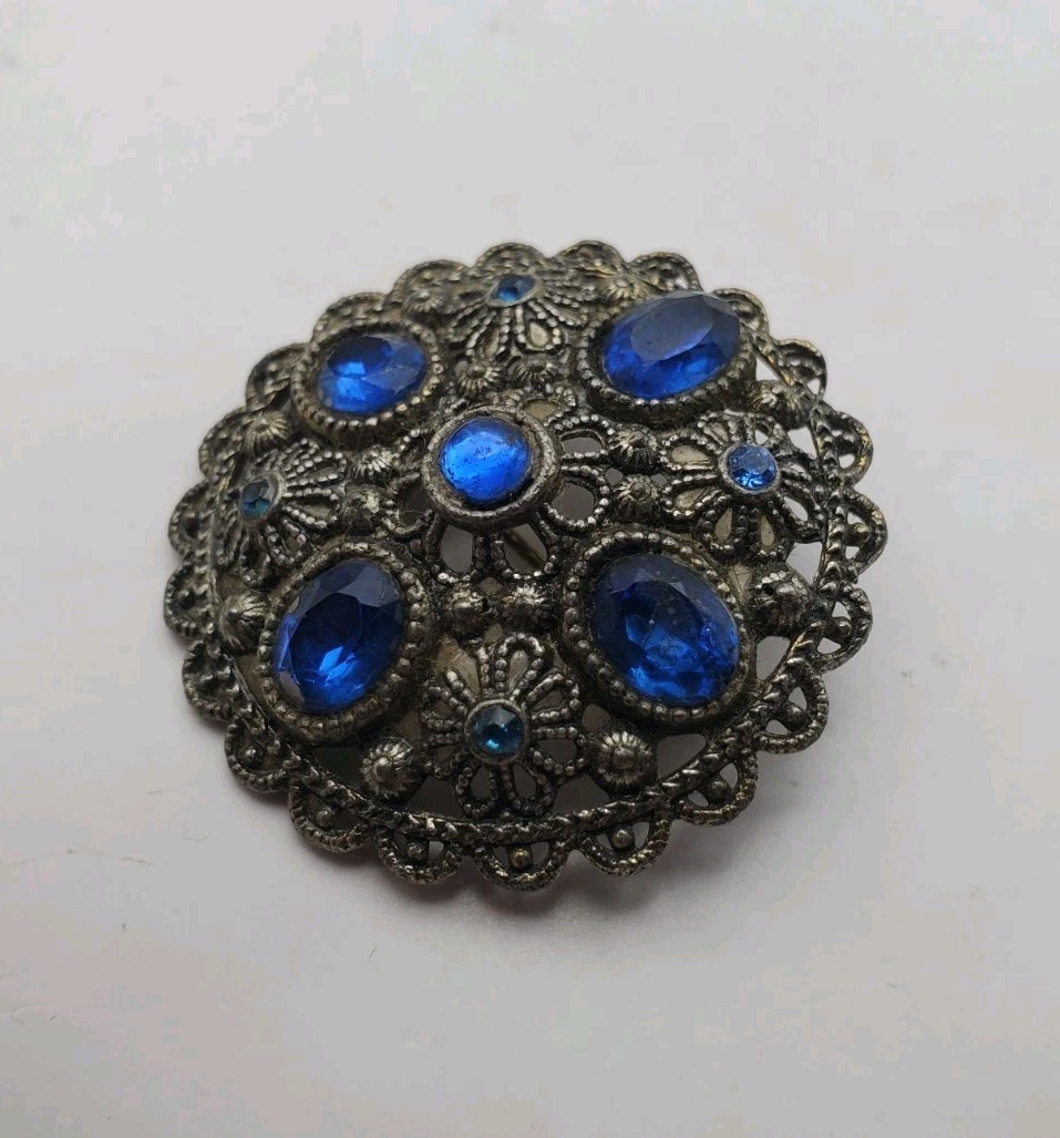 New England Glass Works Vintage Blue Brooch Art Deco Pin Blue Rhinestones 1.5″