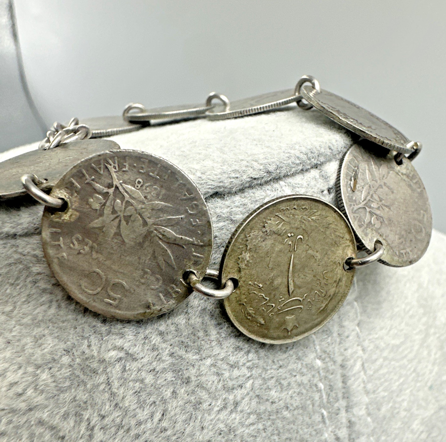 Antique Multinational Coin Link Silver Bracelet Years 1853 – 1903 19g Sz 6.25