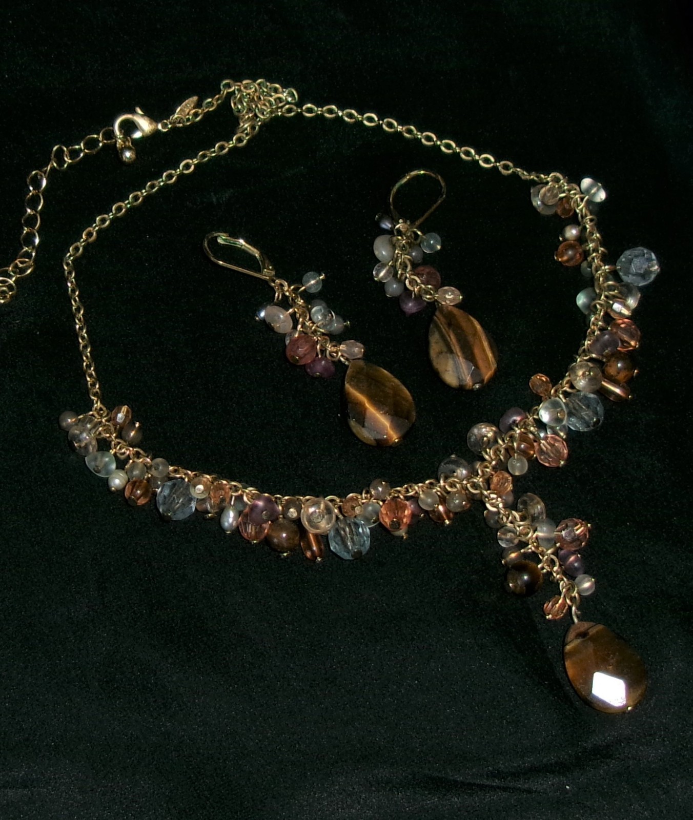 Vintage Tiger’s Eye Necklace/Earring Set-Demi Parure Signed Avon NR-Fall Colors