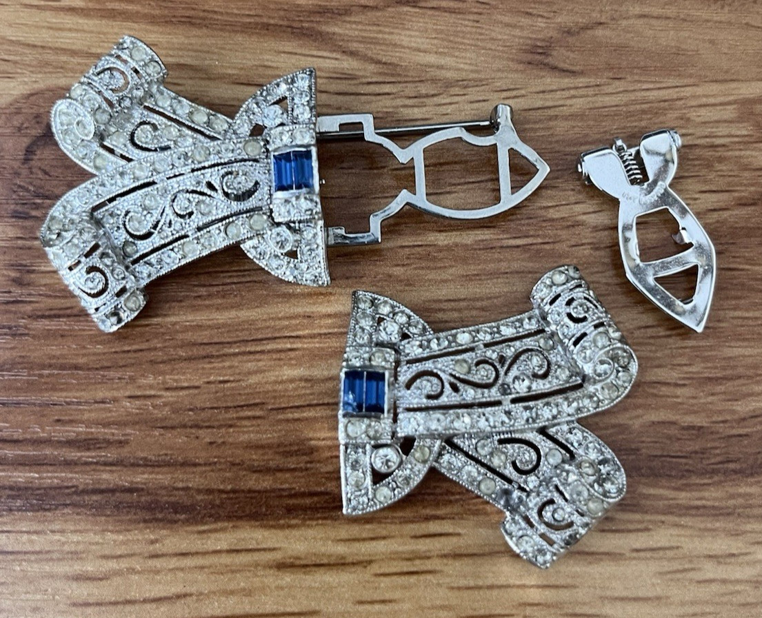 Vintage Coro Duette Bow Art Deco Silver Tone Brooch Dress Clip *Needs Repair*