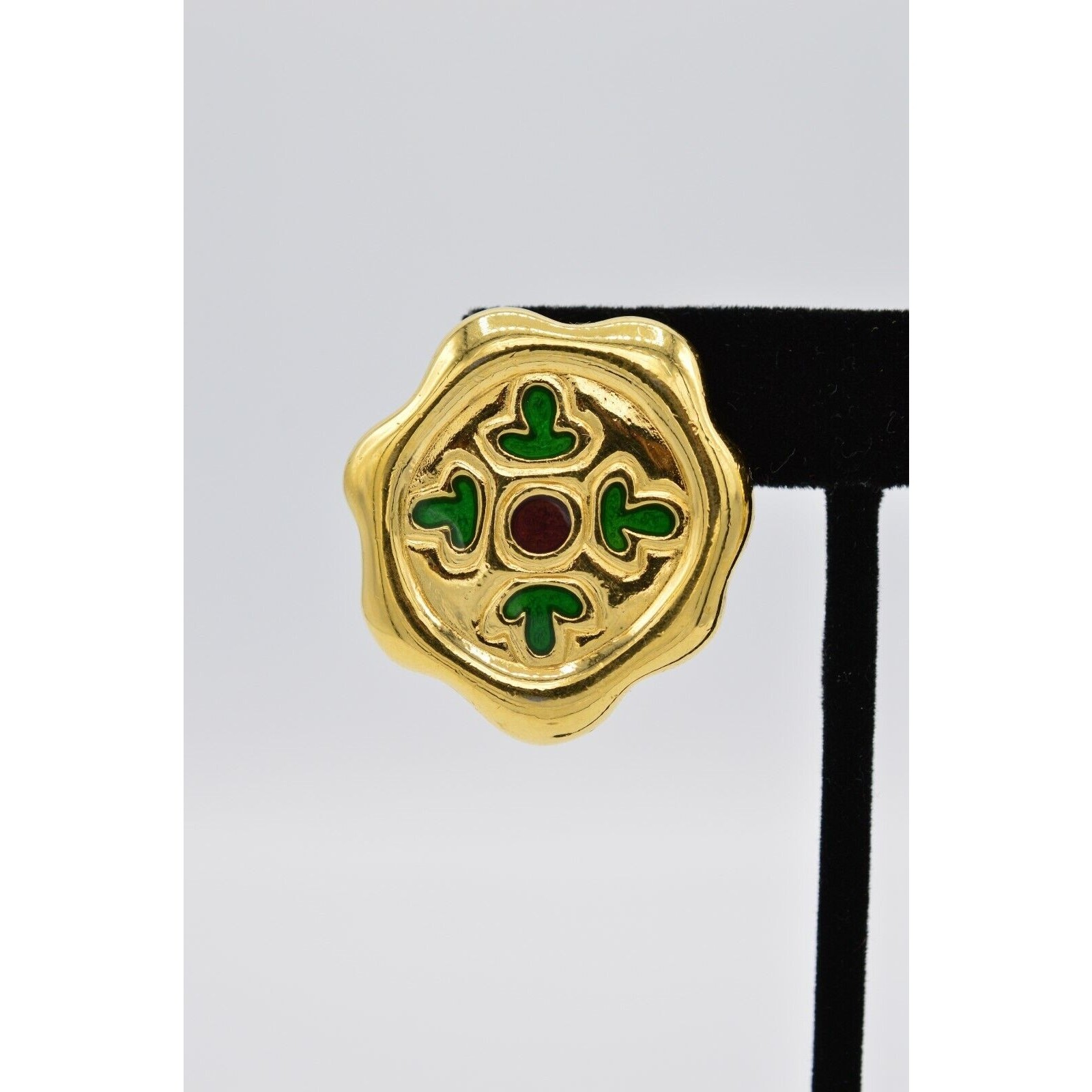 Givenchy Vintage Clip On Earrings Chunky Gold Green Red Enamel Signed 1980s BinX