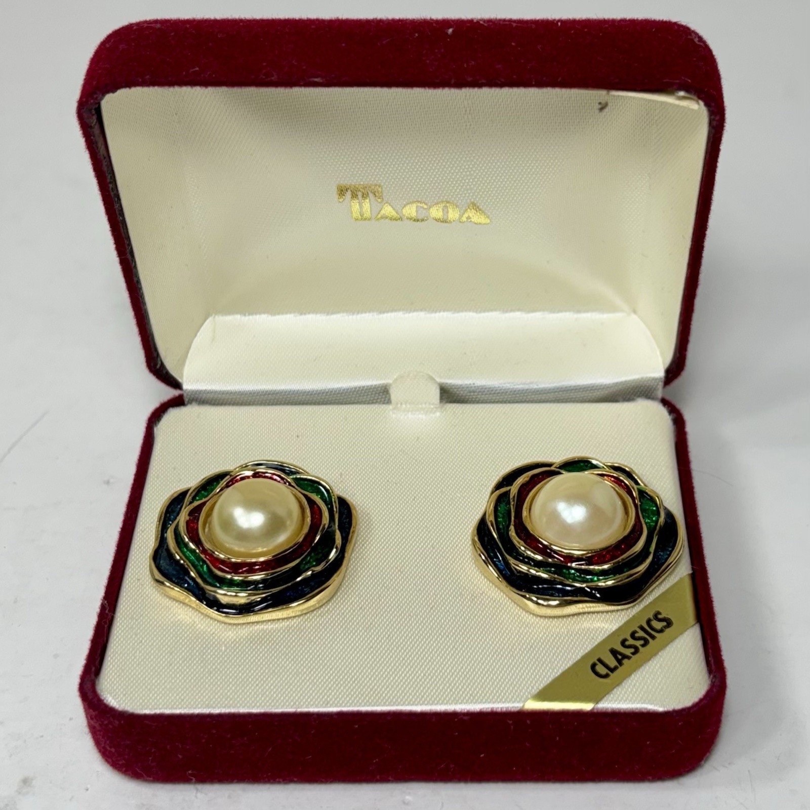 Vntg TACOA Multicolor Enamel Flower Clip-On Earrings Gold Tone Faux Pearl NOS