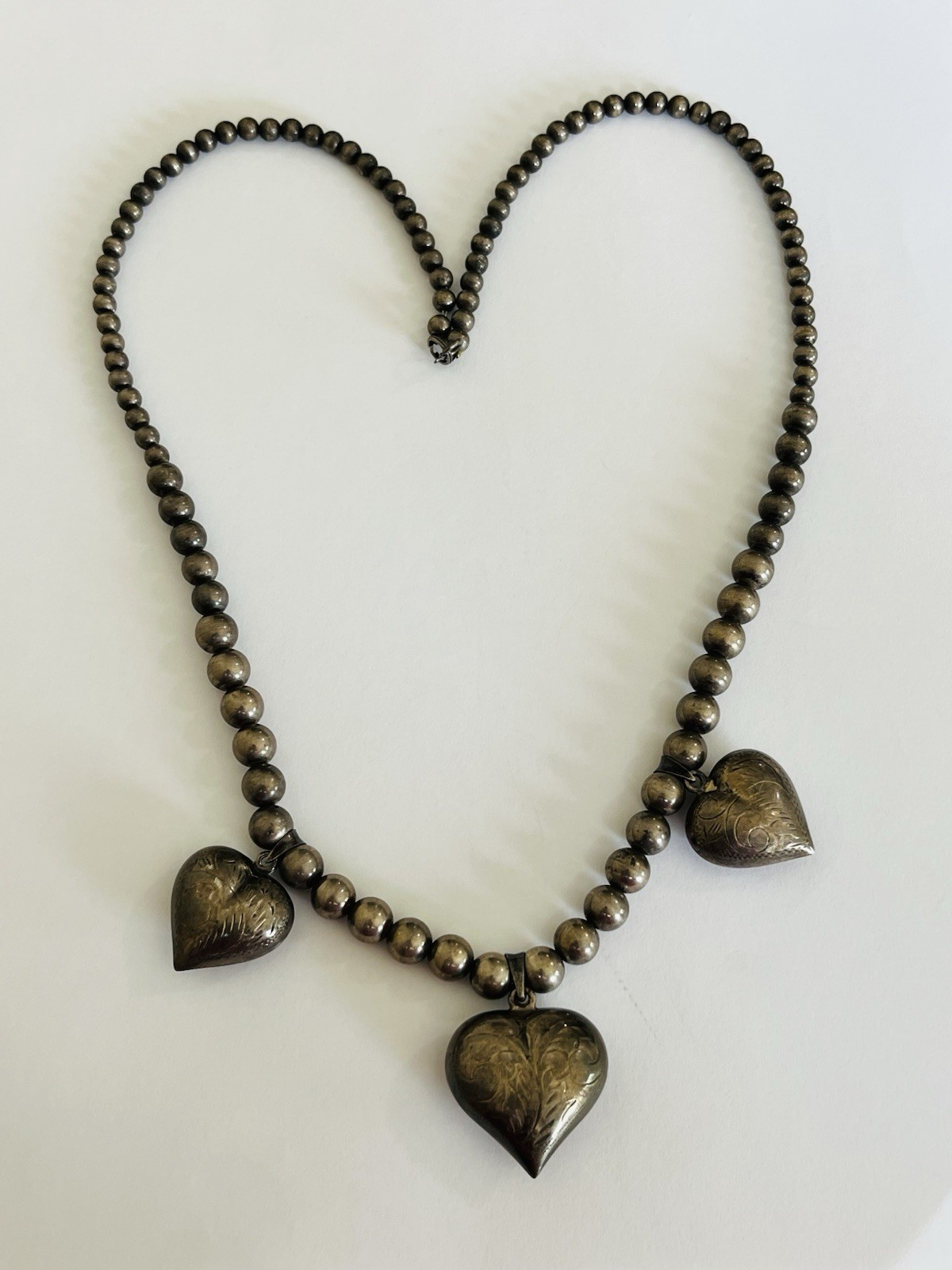 Vintage Sterling Silver Heart Charms Pendant 8MM Ball Bead Necklace 41-Grams