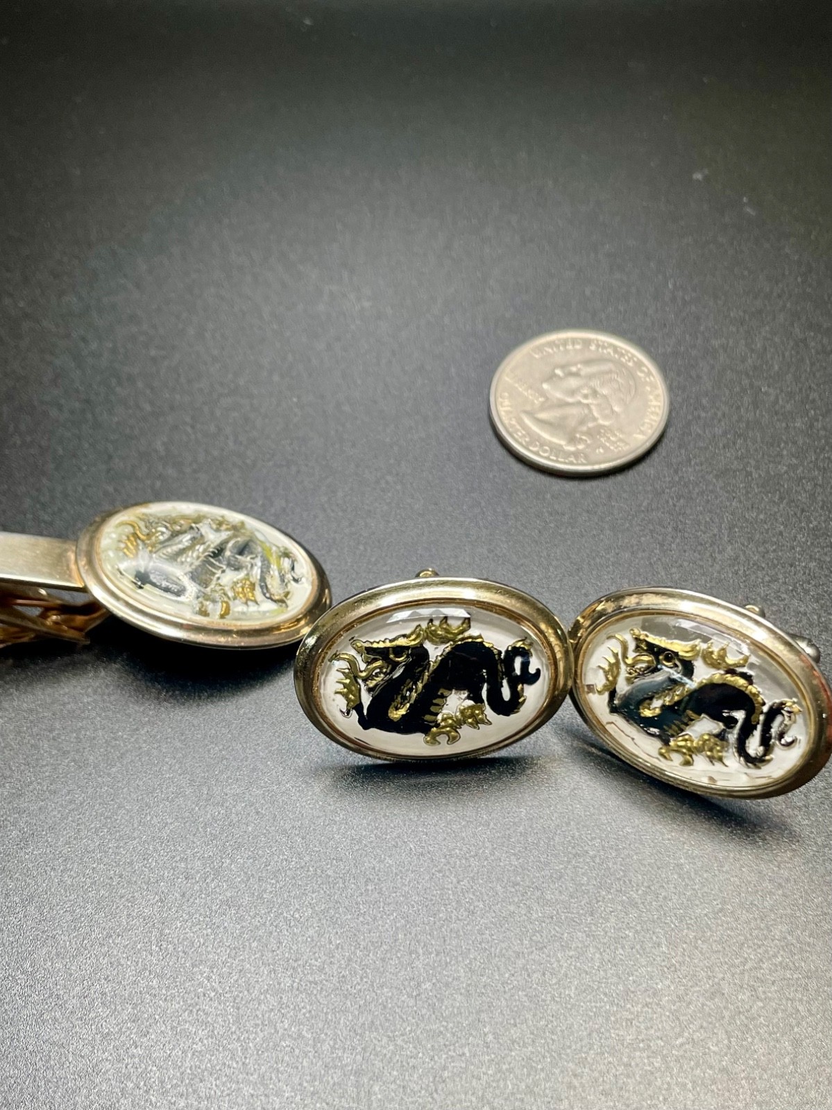 Vintage Dragon Cufflinks Tie Clip Set Reverse Painted Mid Century Intaglio