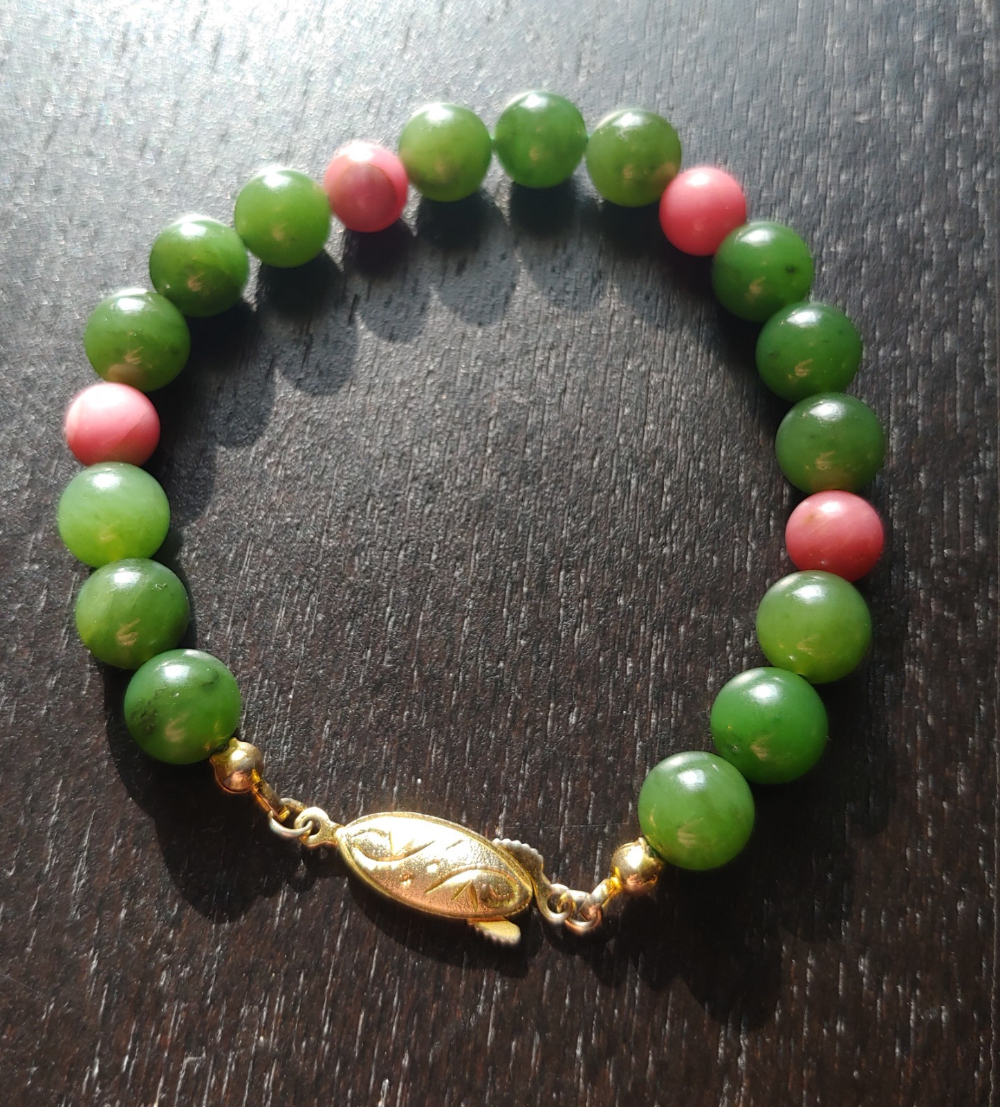 Natural Type A Jadeite & Pink Zoisite Bracelet (Mid-Century Export)