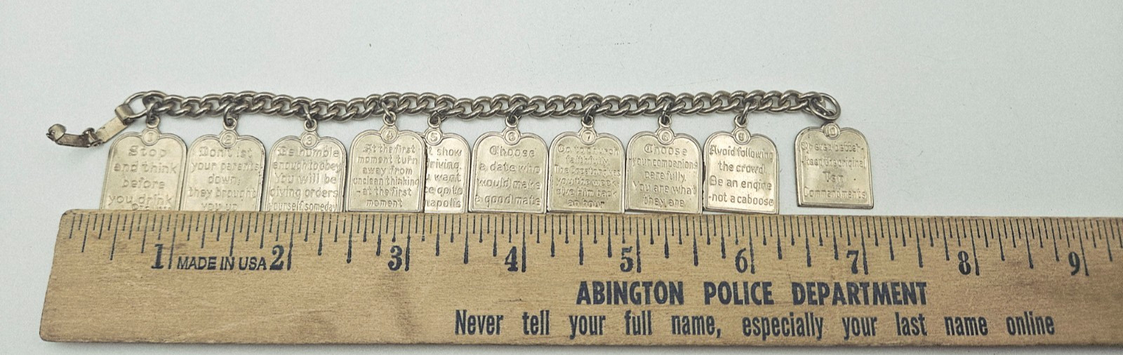 RARE Vintage 10 Teen Commandments Charm Bracelet Silvertone 1950s Paul Anka Song