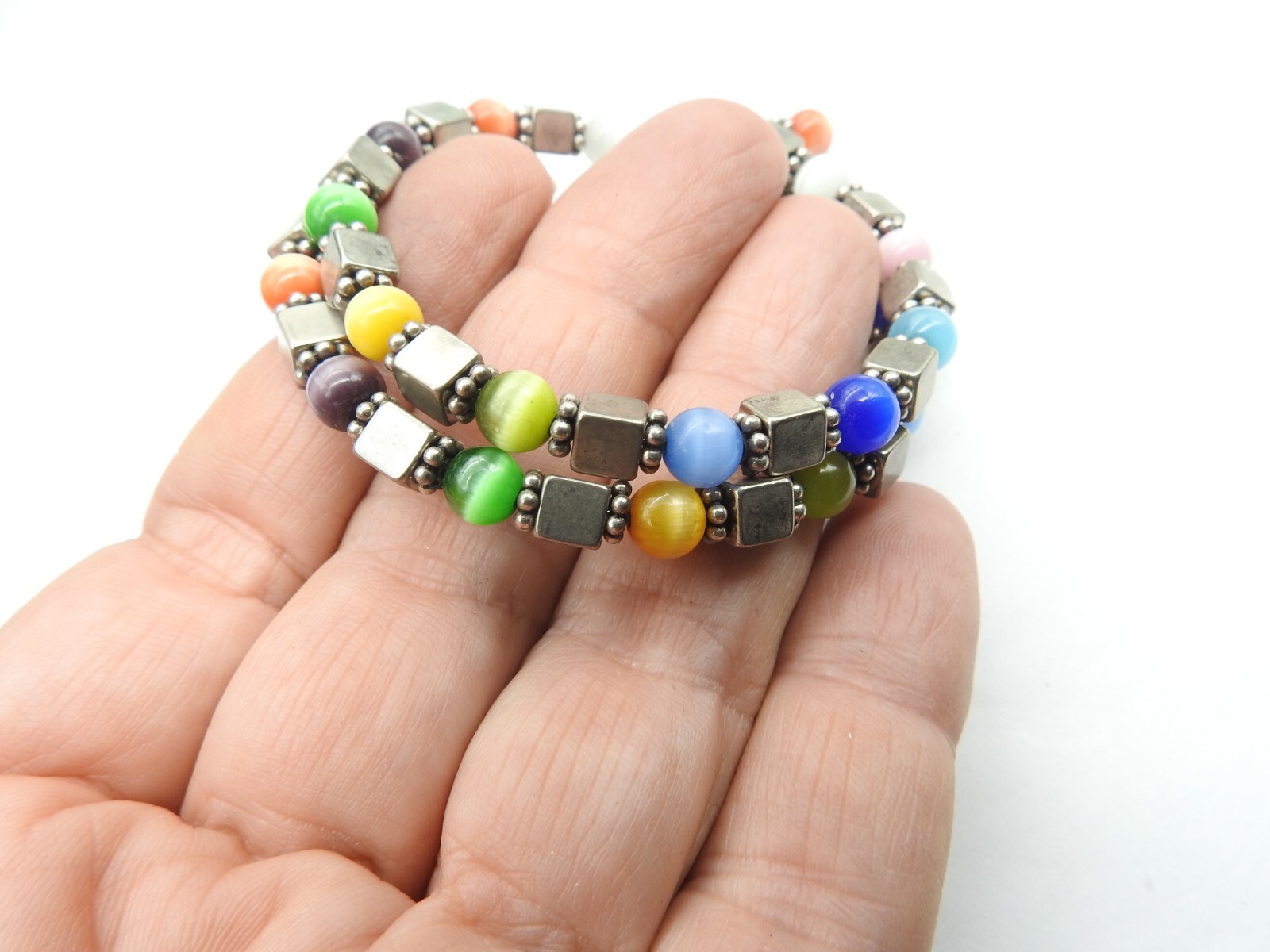 Pink White Orange Blue Yellow Purple Glass Cats Eye Memory Wire Bracelet Vintage