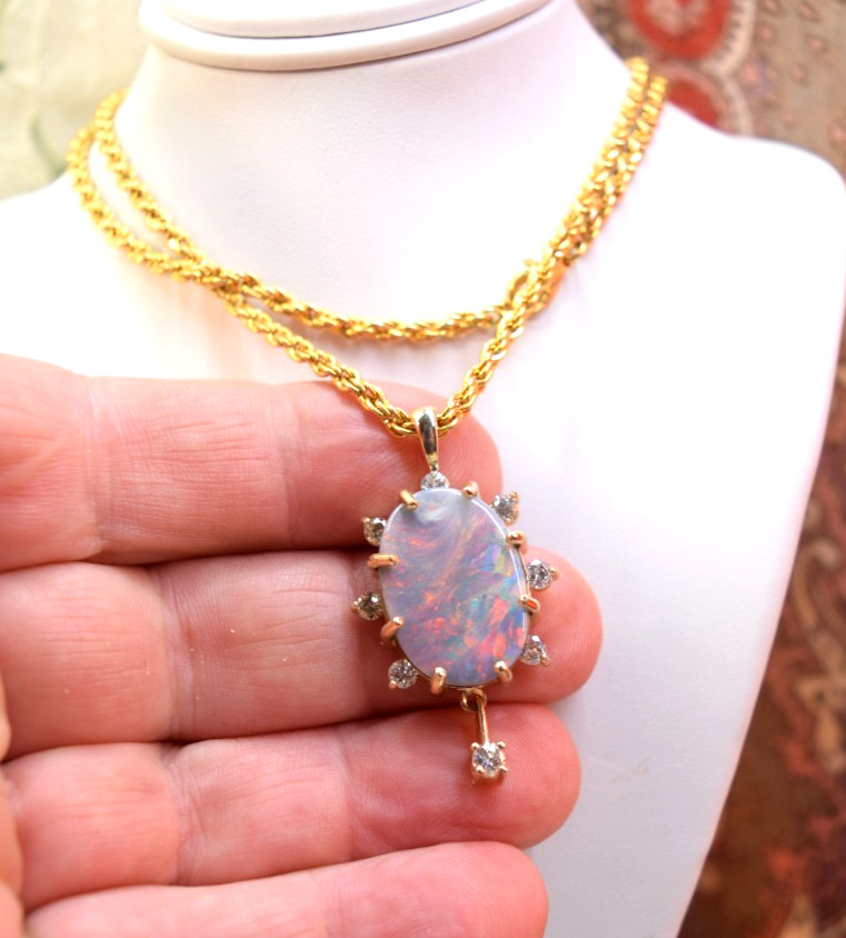Estate Antique 14K Gold Large 10ct Black Opal Diamond Necklace Pendant