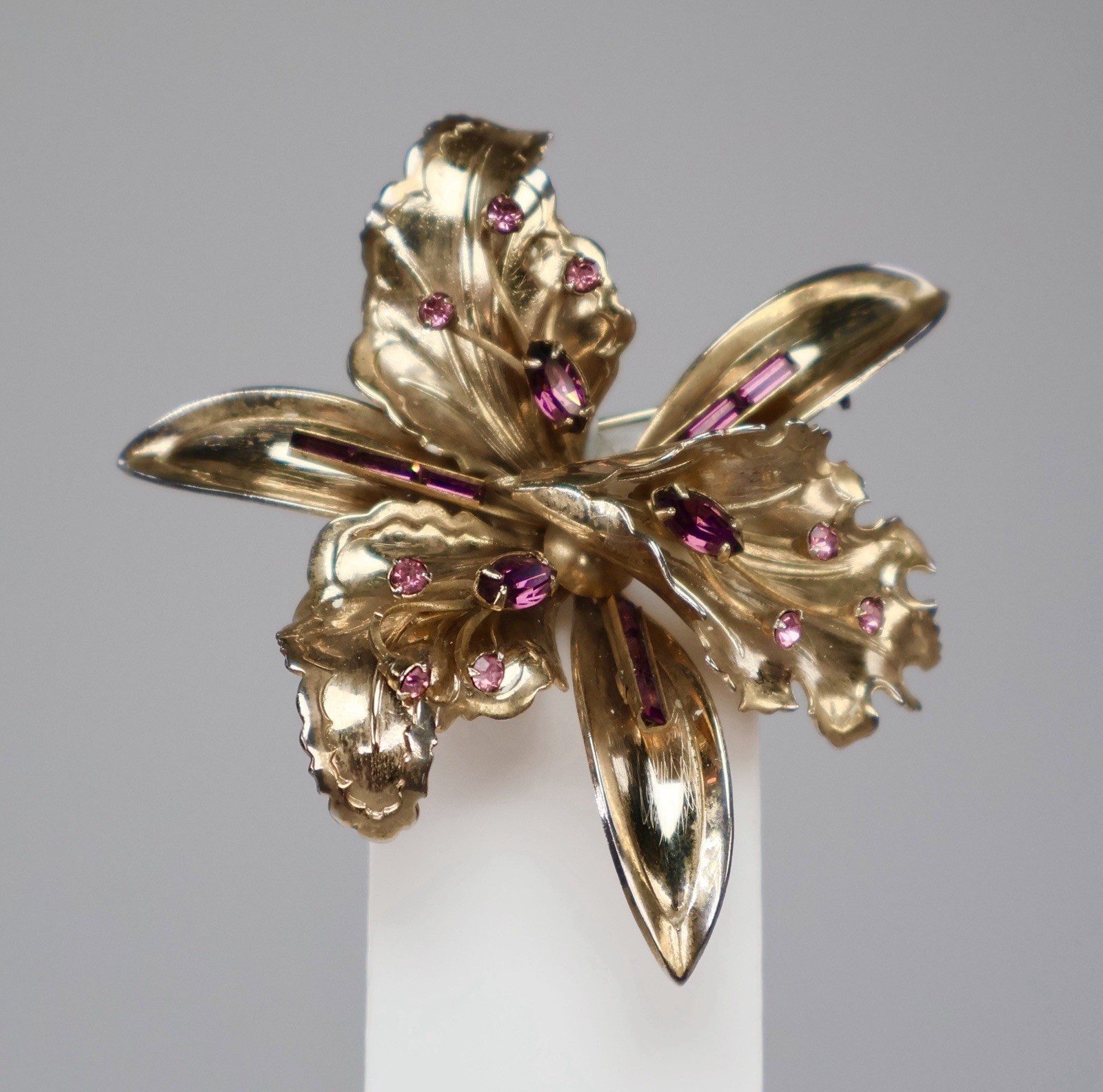 Vintage Iris Orchid Brooch Purple Rhinestones Baguettes Round Gold Tone Flower