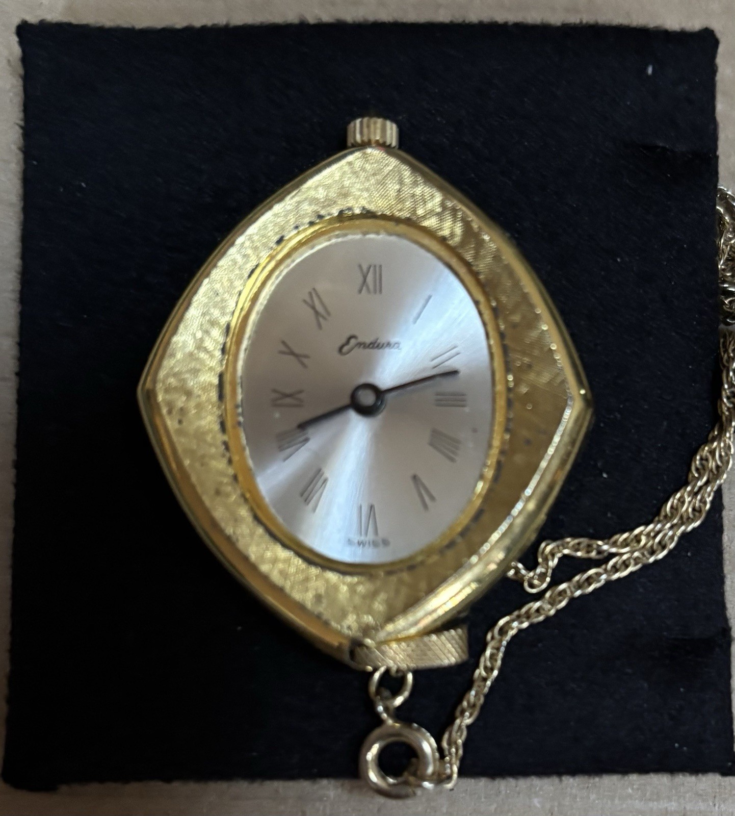 Vintage Endura Gold-Tone Pendant Watch Necklace with Floral Etched Design & Chai
