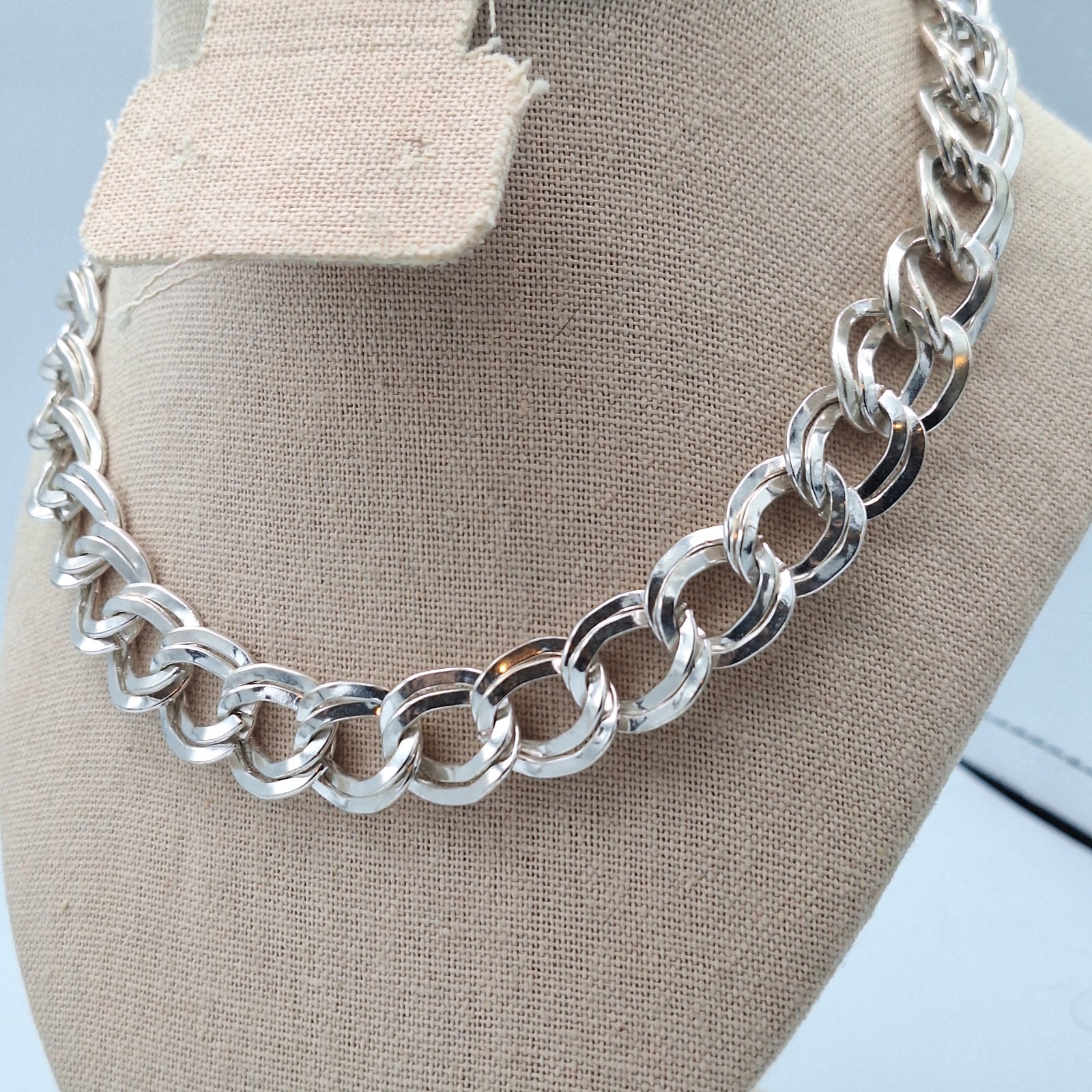 Crown Trifari Metal Double Link Chain Necklace Silver Tone 18″