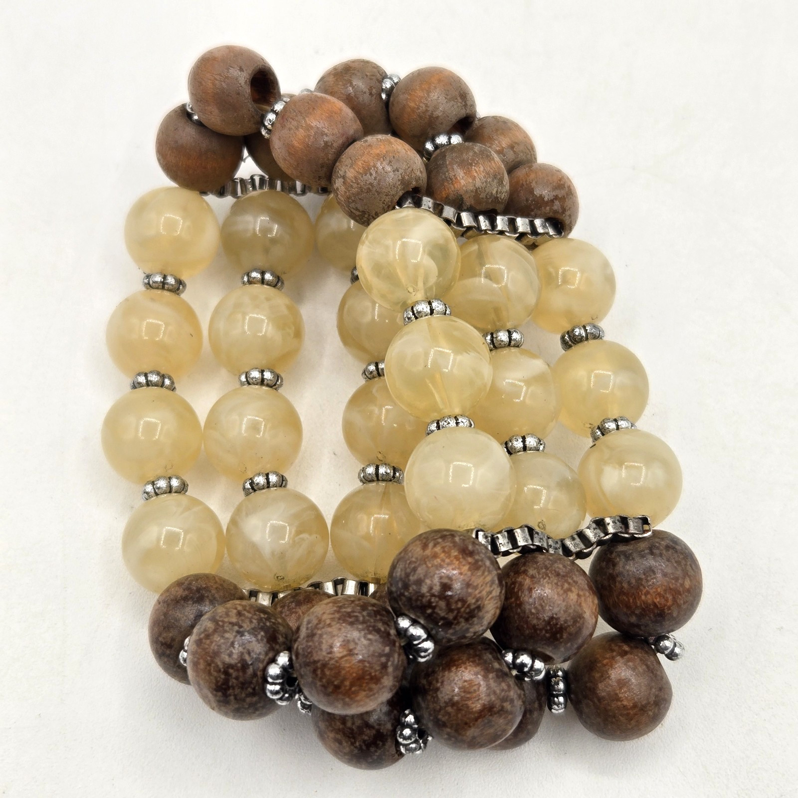 VTG Three Strand Wood and Lucite Beaded Stretch Bracelet Silver Accents