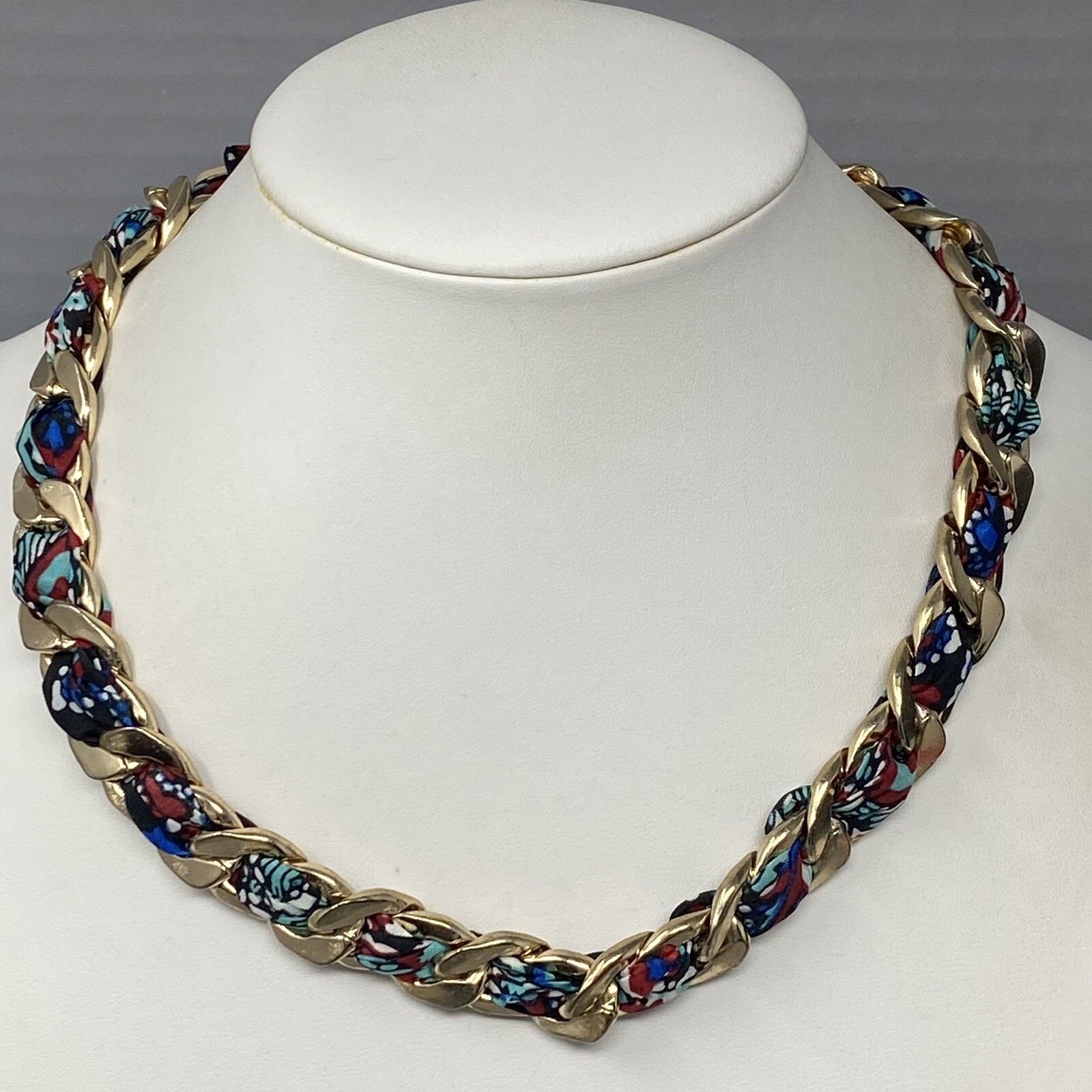 Chain Link Necklace Braided Multi Color Woven Fabric Multi Gold Tone Collar 19″