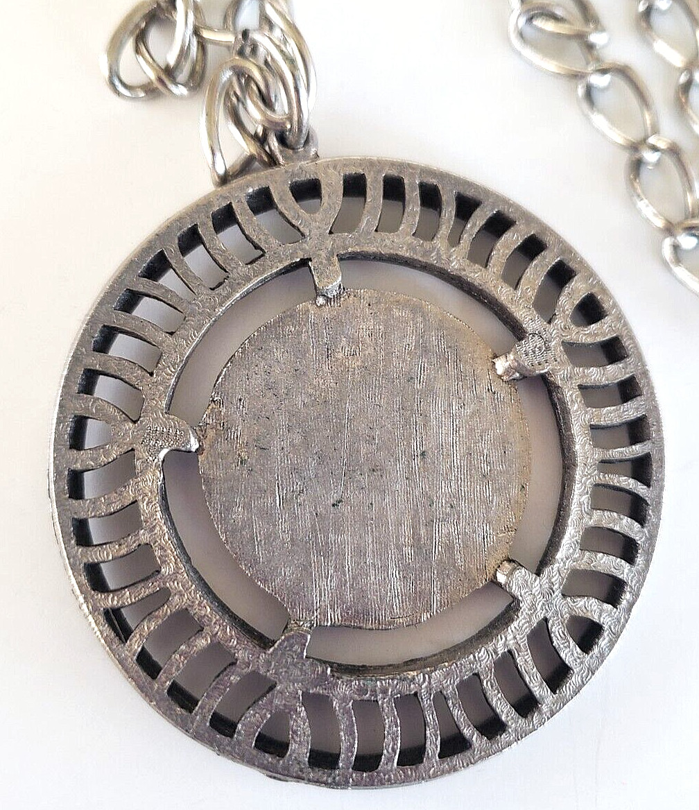 Vintage Medallion Coin Silver Tone Clasp Less Necklace 28″