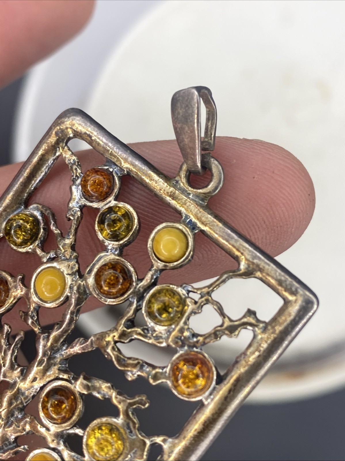 Large 2.5” 925 Sterling Silver Genuine Baltic Amber Tree of Life Pendant Vintage
