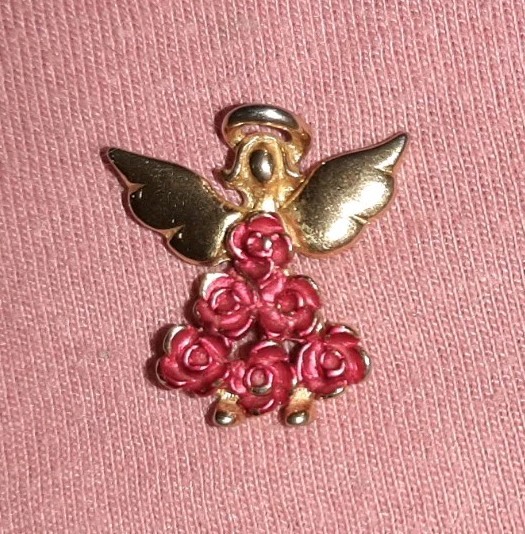 Cute Gold Tone Guardian Angel With Red Rose Dress Lapel Pin