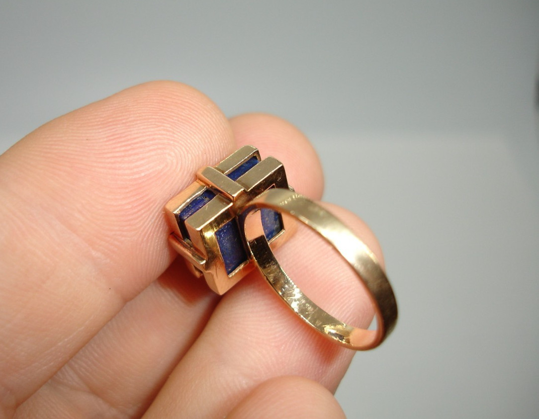 14K Gold Lapis Lazuli Signet Statement Ring Mid Century Deco two-tiered square 7