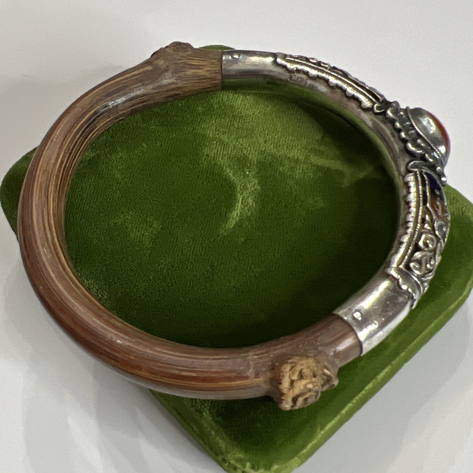 Antique Chinese Sterling Butterfly Enamel Carnelian Rattan Bamboo Bangle 7.75”