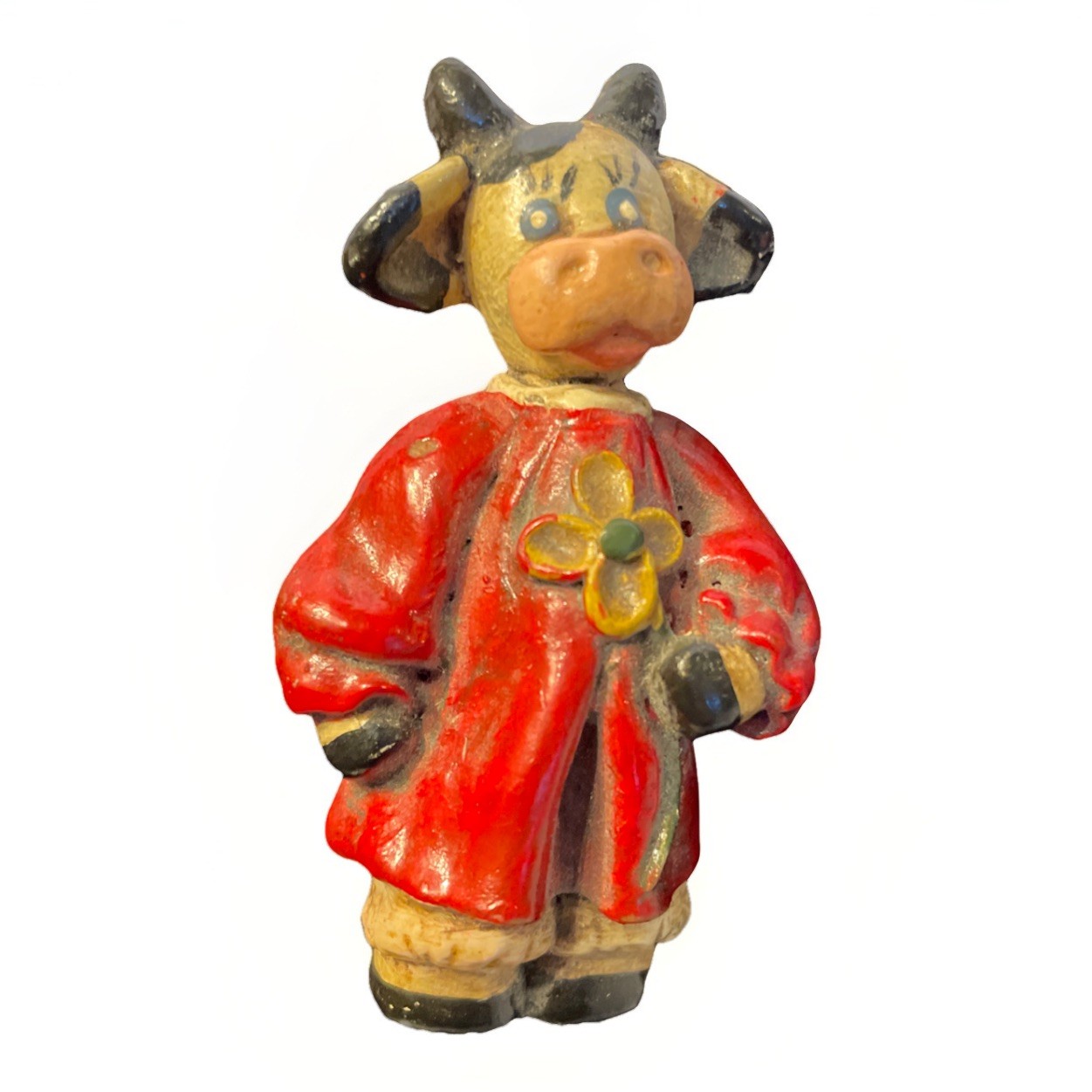Decorative Pin Painted Ceramic Cow In Red Robe Holding Yellow Flower 2.25 in