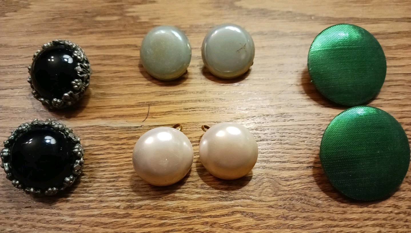 Vintage 4 Pr. Clip Back Earrings-1950s, 1980s. Round. Black, Green, Blue, White