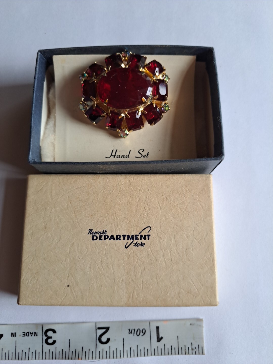 Vintage Czech Goldtone Ruby Art Glass & Faux Opals Pin Brooch Mint In Box